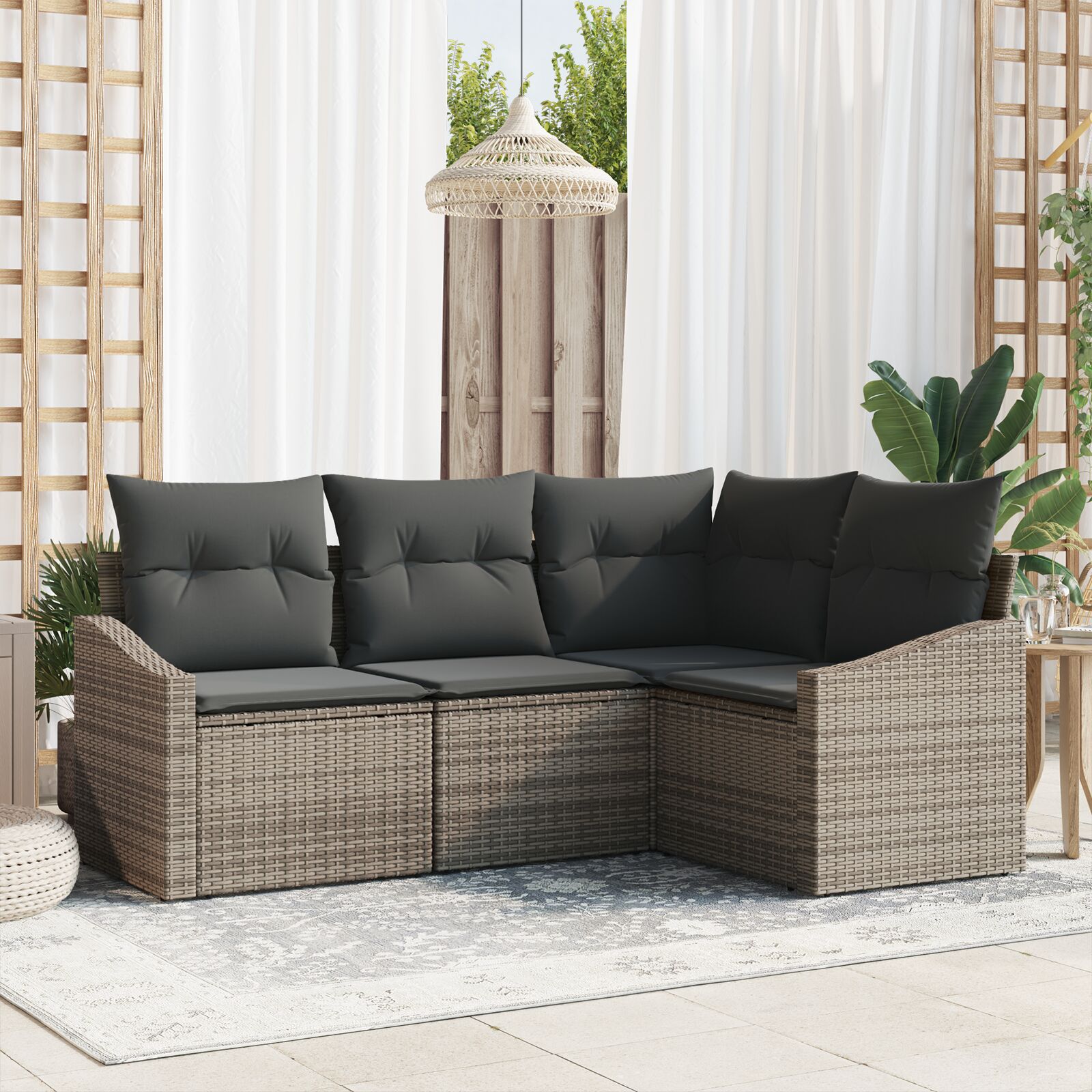 4-teiliges Garten Sofa Set mit Kissen Grau Poly-Rattan 4-teiliges Garten Sofa Set mit Kissen Grau Poly-Rattan