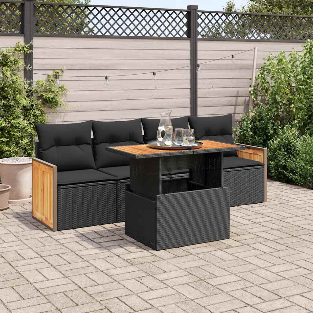 5tlg. Garten-Sofagarnitur mit Kissen Schwarz Poly Rattan Akazie 5tlg. Garten-Sofagarnitur mit Kissen Schwarz Poly Rattan Akazie