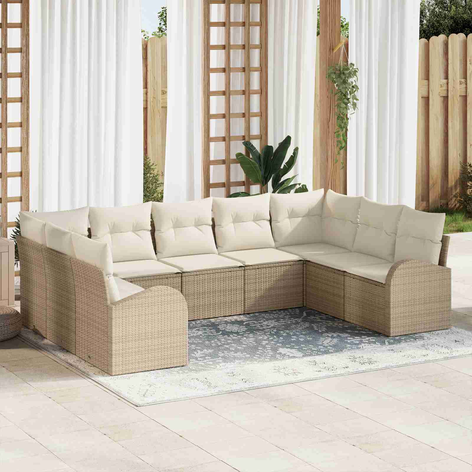 9-teiliges Garten Sofa Set mit Kissen Beige Poly Rattan