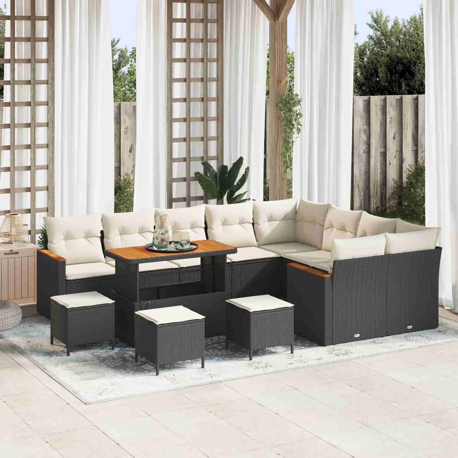 13-teiliges Garten Sofa Set mit Kissen Schwarz Poly-Rattan Akazie