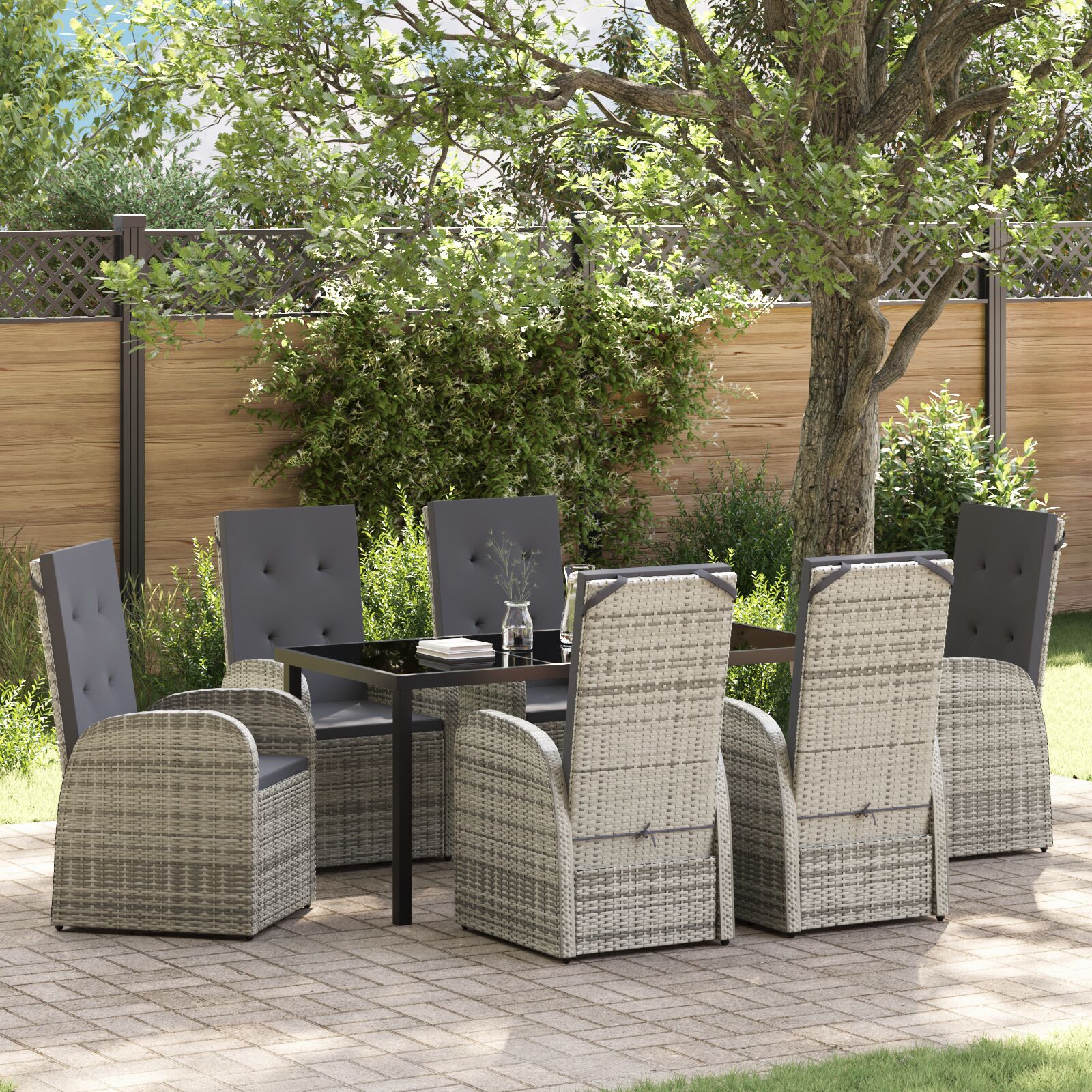 vidaXL 7-teiliges Garten-Esszimmer Set mit Kissen Grau Poly Rattan