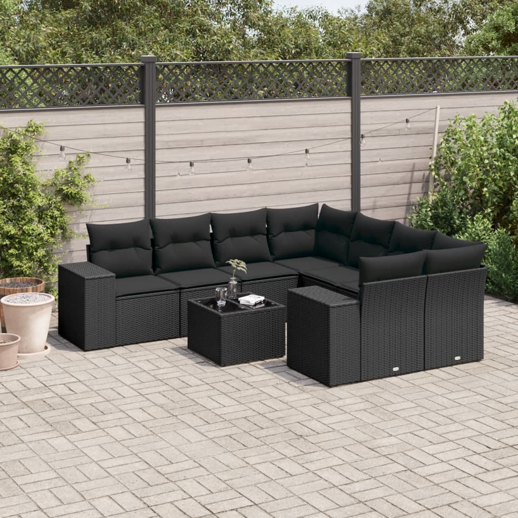 9-tlg. Garten-Sofagarnitur mit Kissen Schwarz Poly Rattan 9-tlg. Garten-Sofagarnitur mit Kissen Schwarz Poly Rattan