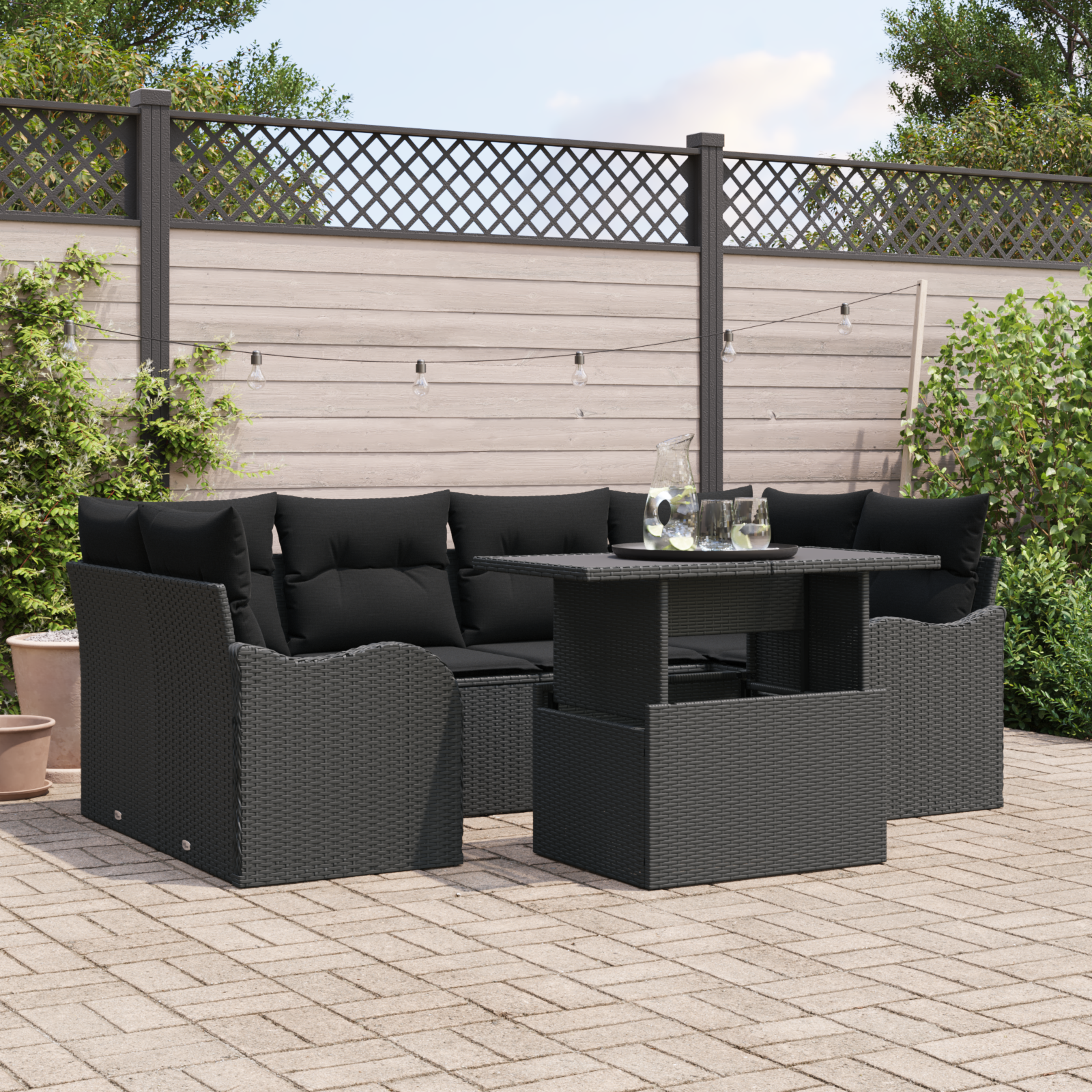 7-teiliges Garten Sofa Set mit Kissen Schwarzes Poly Rattan 7-teiliges Garten Sofa Set mit Kissen Schwarzes Poly Rattan
