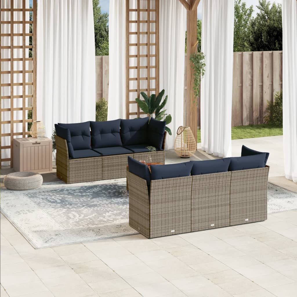 7-tlg. Garten-Sofagarnitur mit Kissen Grau Poly Rattan