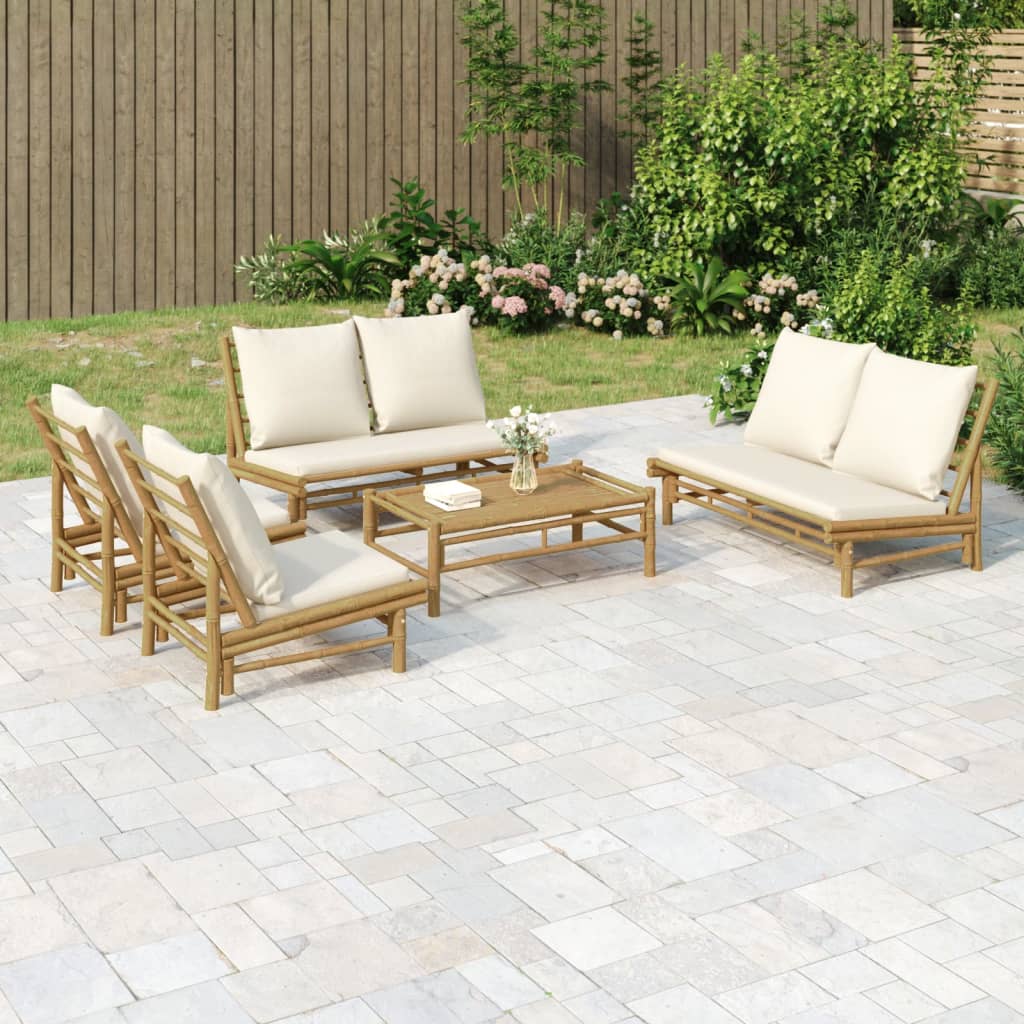 5-tlg. Garten-Lounge-Set mit Cremeweißen Kissen Bambus 5-tlg. Garten-Lounge-Set mit Cremeweißen Kissen Bambus