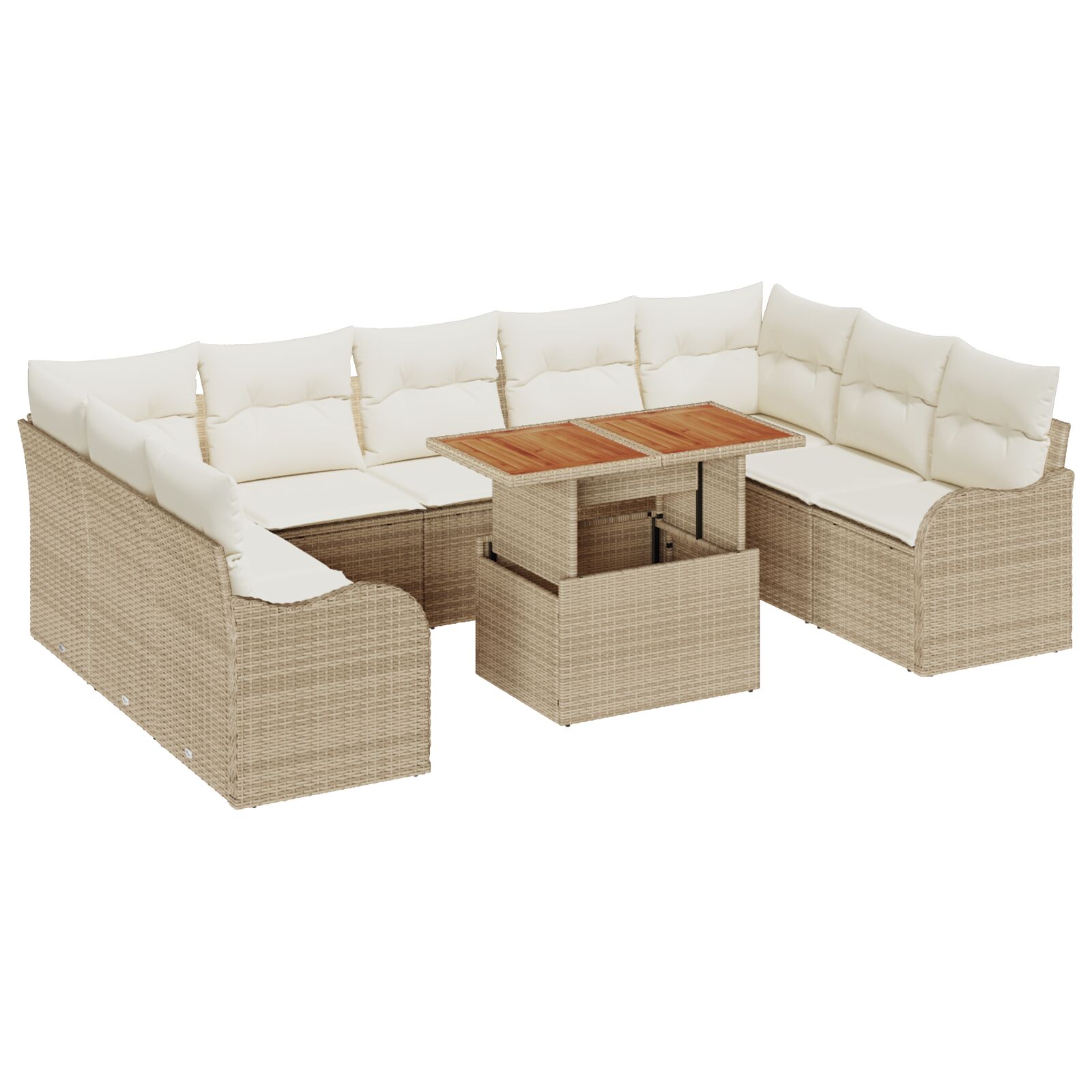10-teiliges Garten Sofa Set mit Kissen Beige Poly Rattan Akazie, 2-Sitzer Garten Sofa mit Kissen Beige Poly Rattan 10-teiliges Garten Sofa Set mit Kissen Beige Poly Rattan Akazie, 2-Sitzer Garten Sofa mit Kissen Beige Poly Rattan