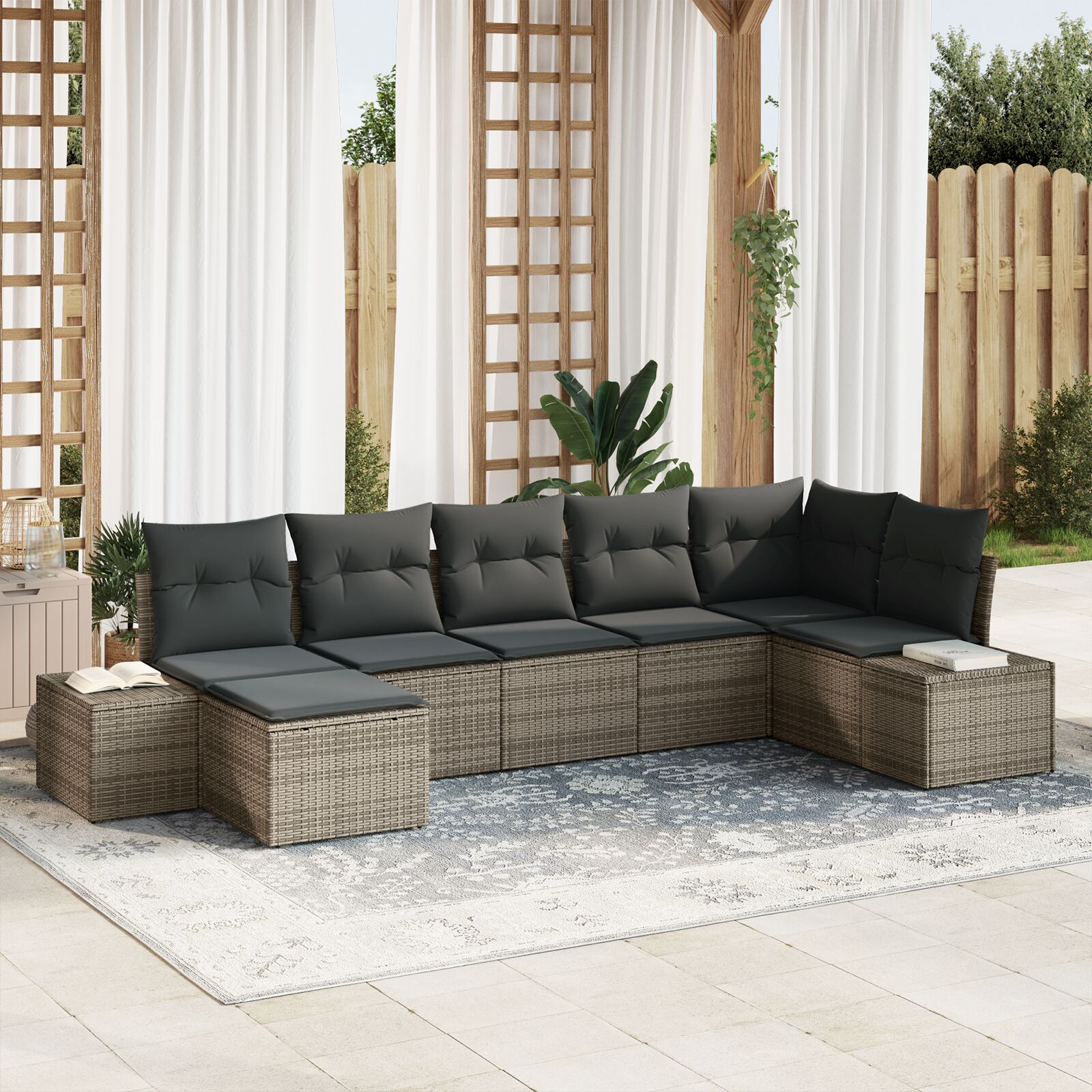 7-teilige Garten Sofa Set mit Kissen Grau Poly Rattan