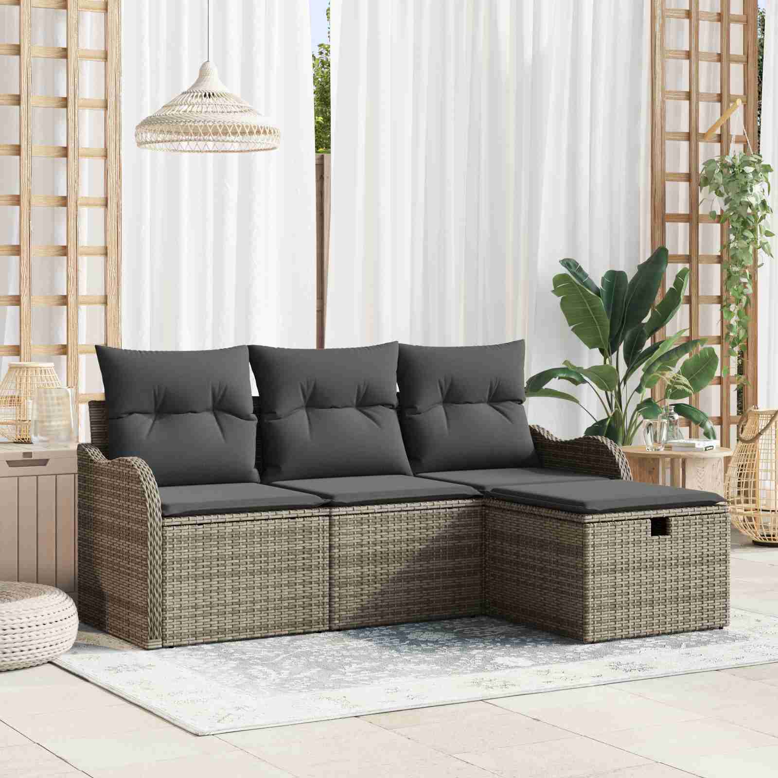 4-teiliges Garten Sofa Set mit Kissen Grau Poly-Rattan 4-teiliges Garten Sofa Set mit Kissen Grau Poly-Rattan