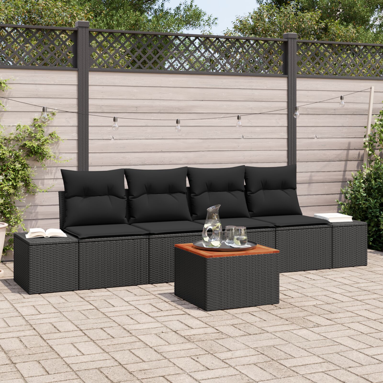 5-teiliges Garten Sofa Set mit Kissen Schwarz Poly Rattan Akazie