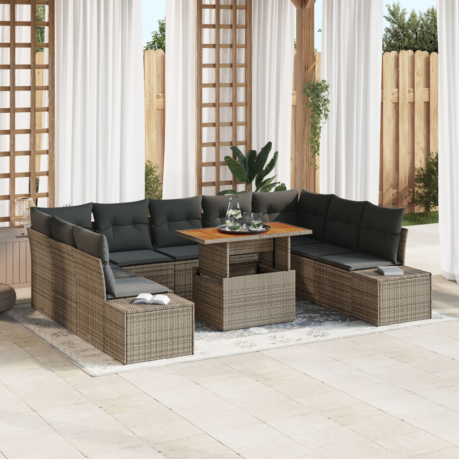 10-teiliges Garten-Sofa-Set mit Kissen Grau Poly Rattan