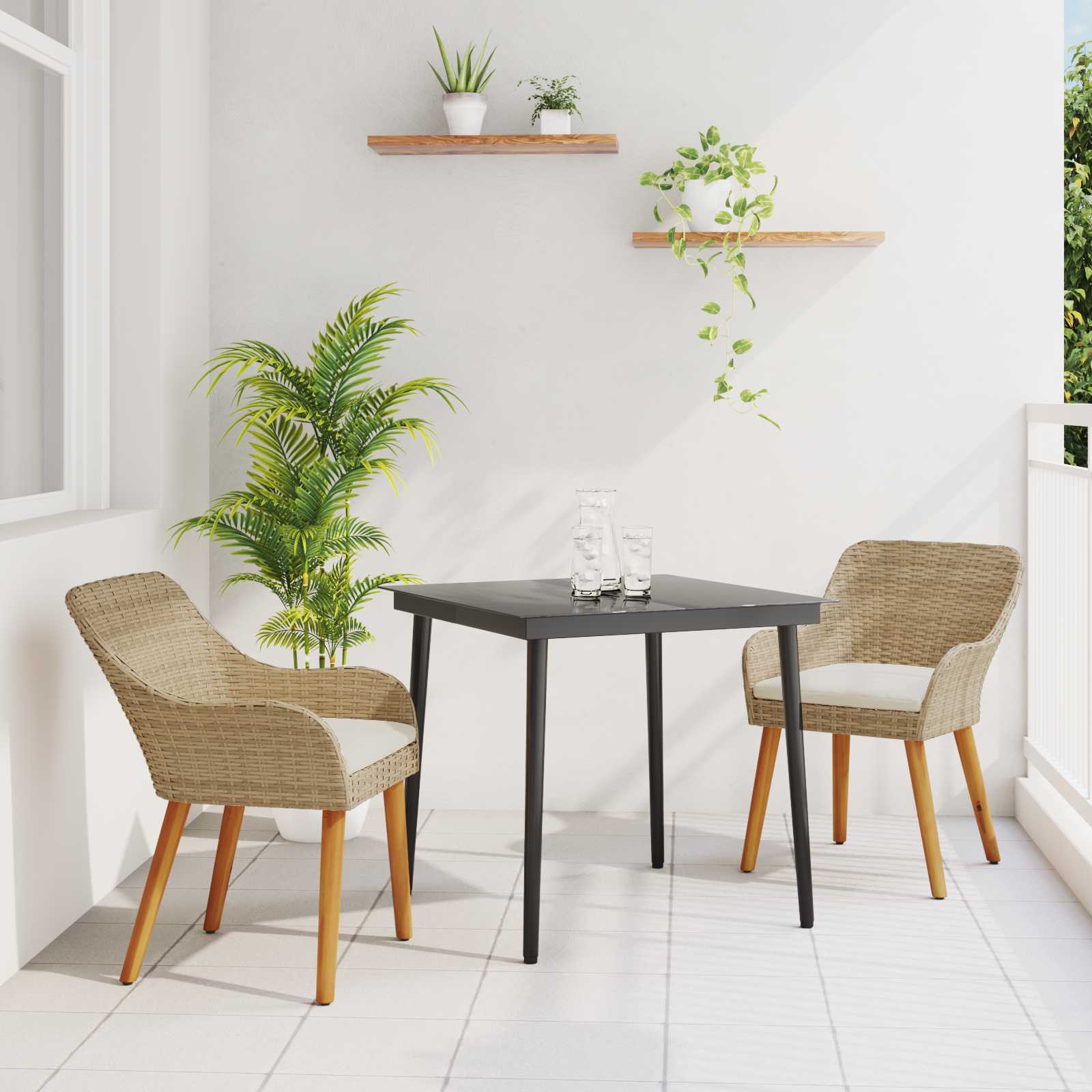 3-teilige Garten-Essgruppe Beige Poly Rattan