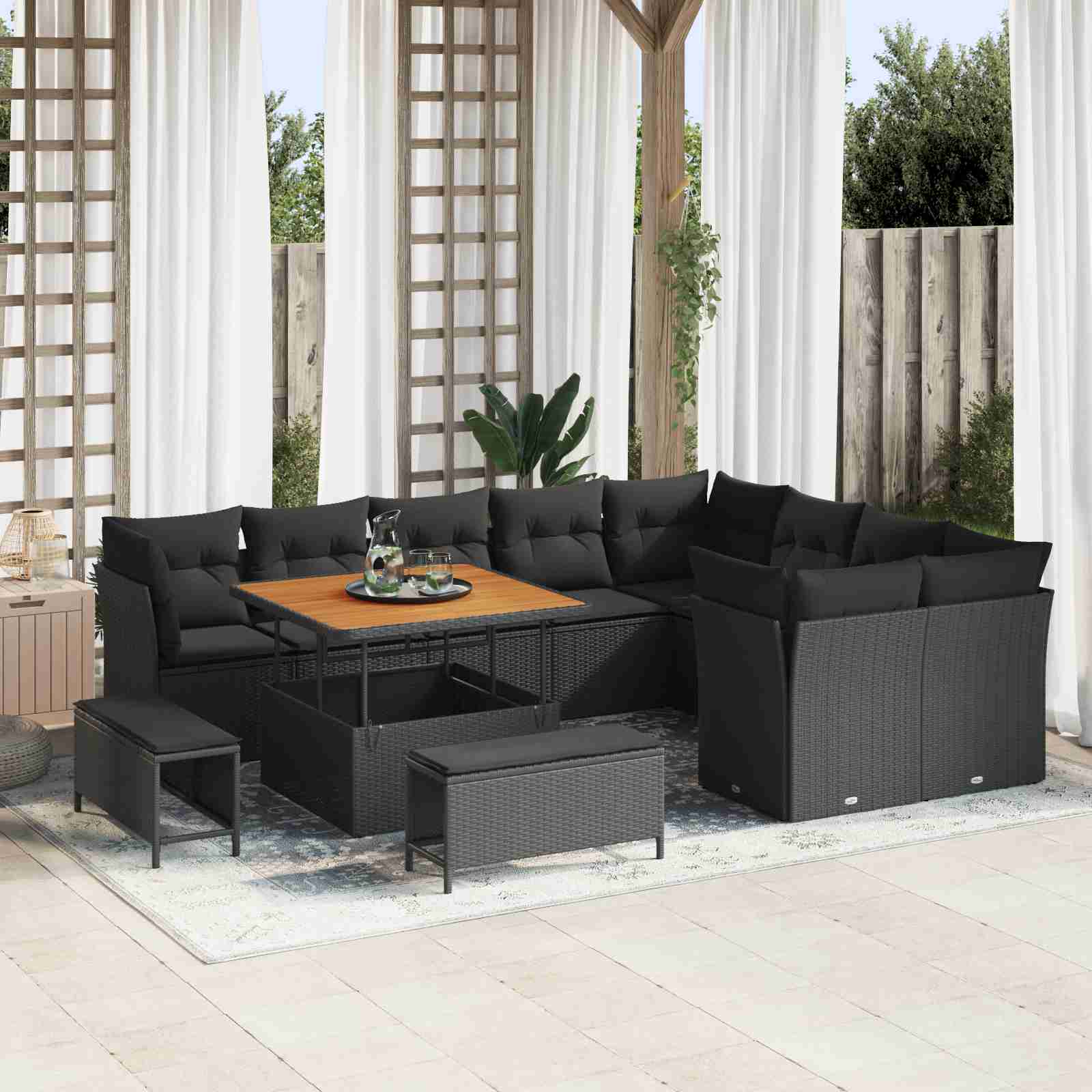 12-teiliges Garten Sofa Set mit Kissen Schwarz Poly Rattan Akazie 12-teiliges Garten Sofa Set mit Kissen Schwarz Poly Rattan Akazie