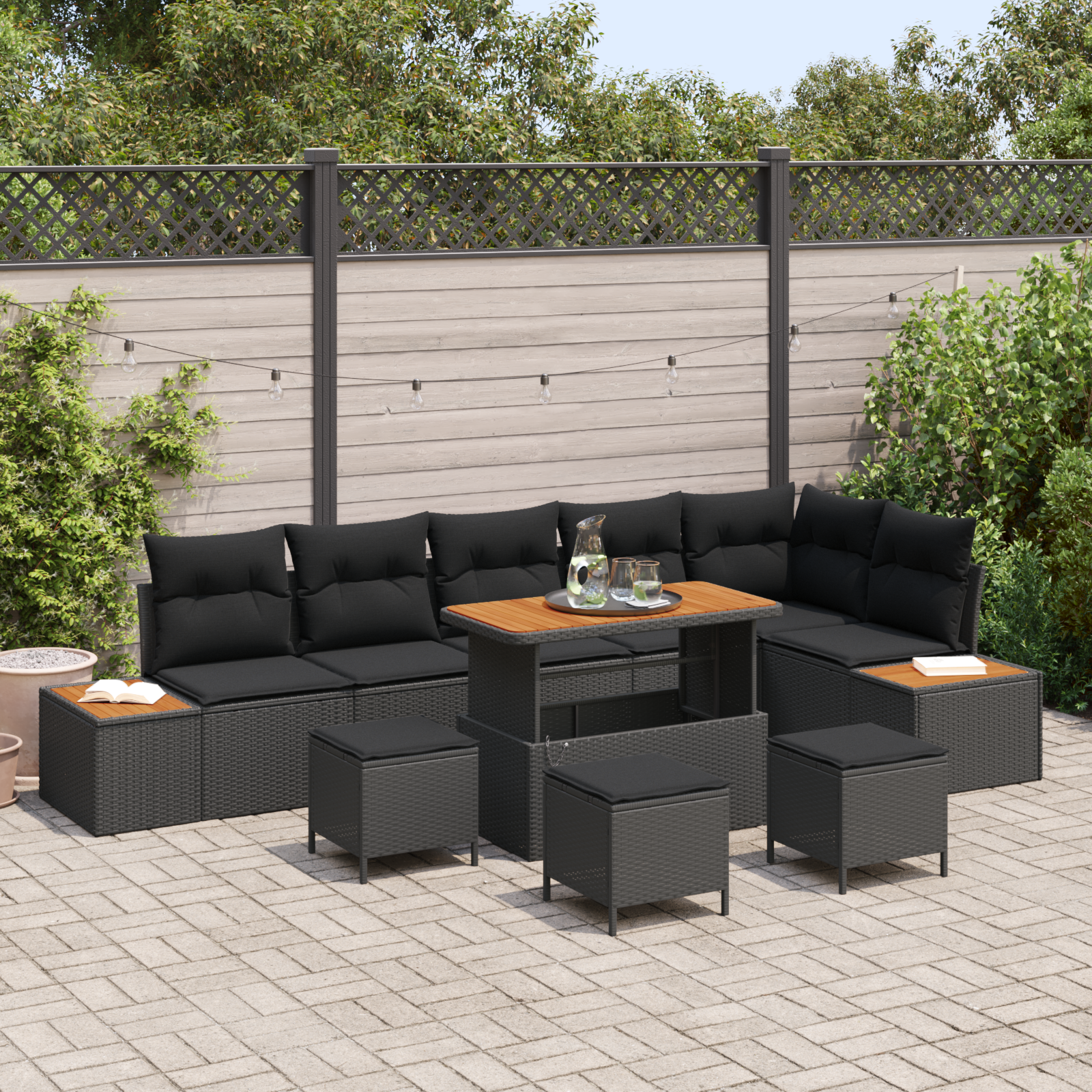 10-teiliges Garten-Sofa-Set mit Kissen - Schwarzes Poly-Rattan, Akazie