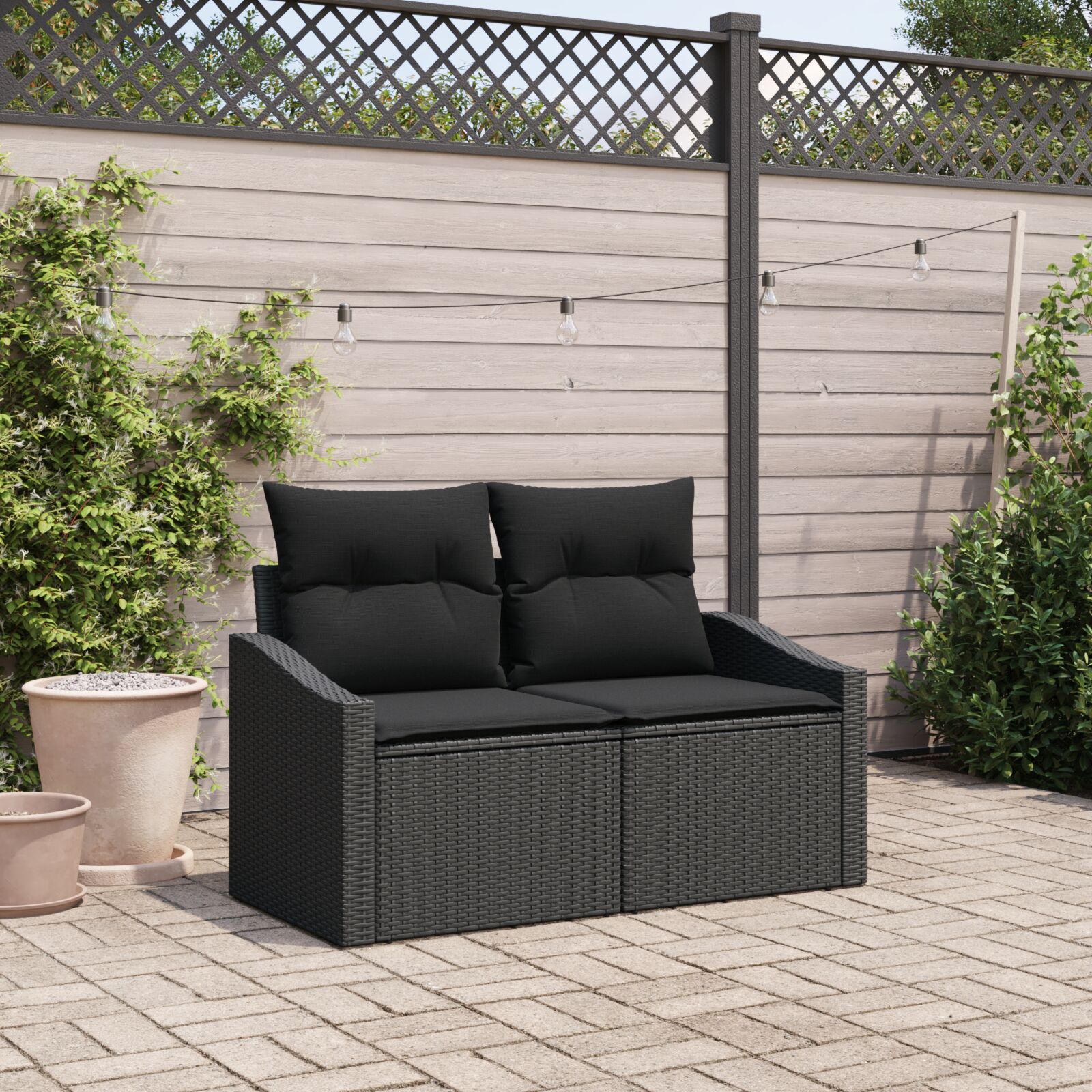 2-Sitzer Gartensofa mit Stauraum & Kissen Schwarz Poly Rattan 2-Sitzer Gartensofa mit Stauraum & Kissen Schwarz Poly Rattan