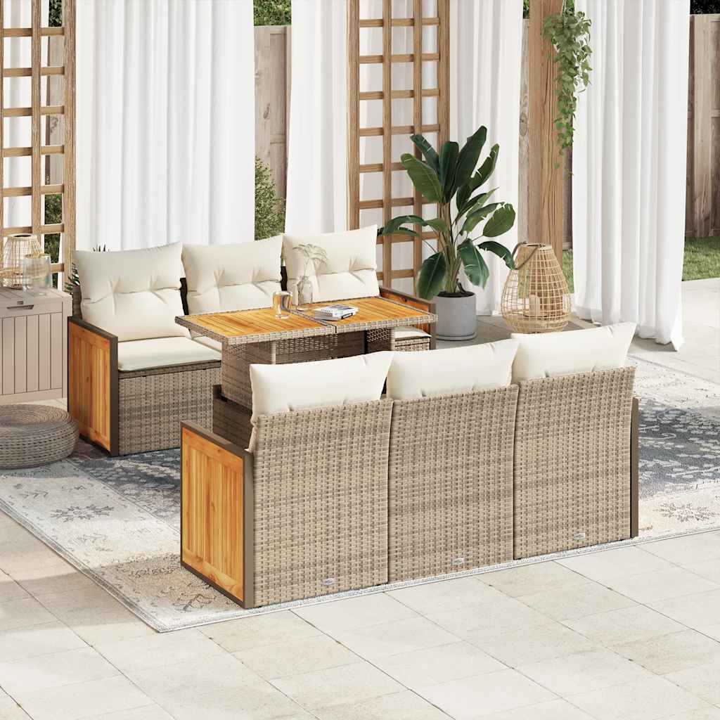 7-tlg. Garten-Sofagarnitur mit Kissen Beige Poly Rattan Akazie 7-tlg. Garten-Sofagarnitur mit Kissen Beige Poly Rattan Akazie