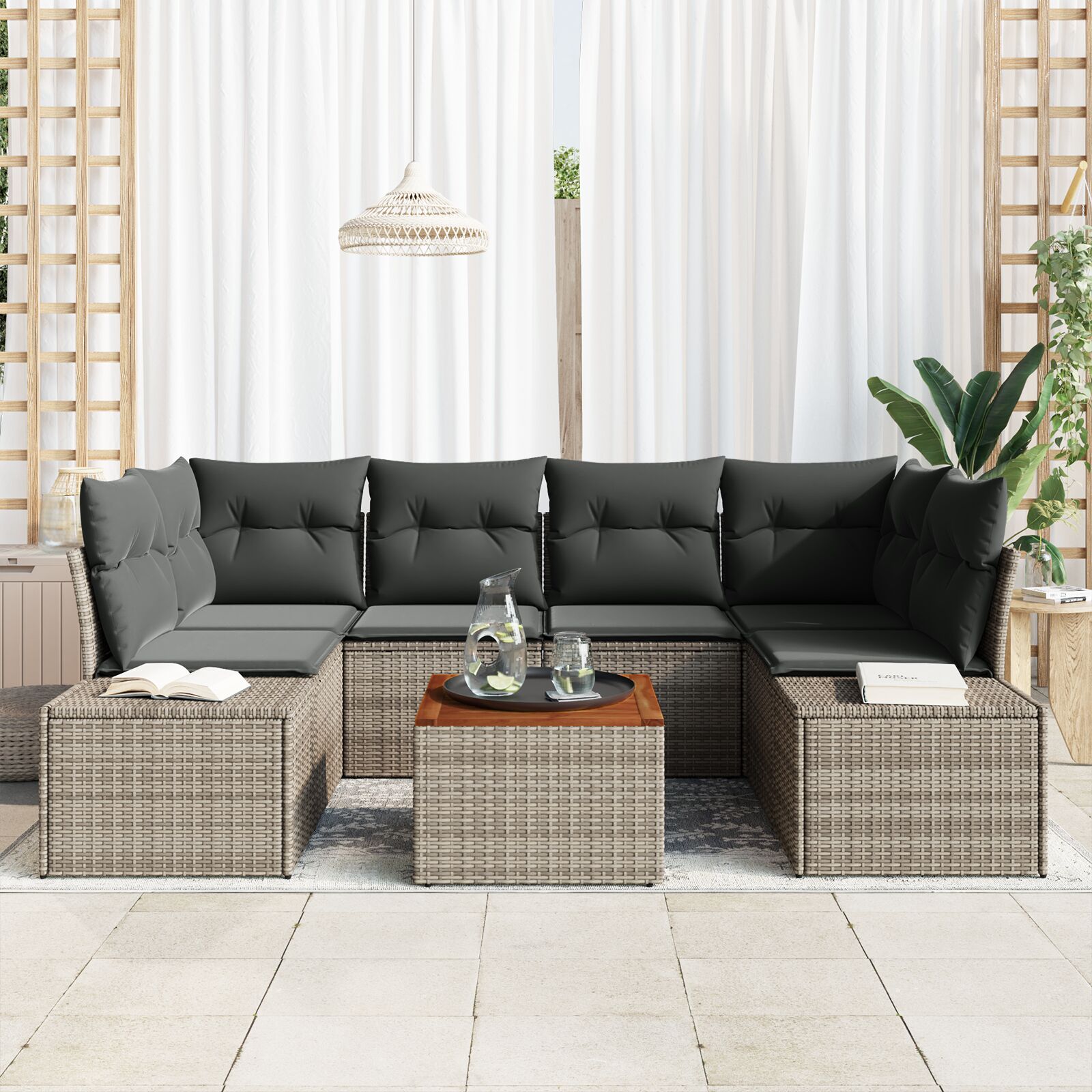 7-teiliges Garten Sofa Set mit Kissen Grau Poly Rattan Akazie 7-teiliges Garten Sofa Set mit Kissen Grau Poly Rattan Akazie