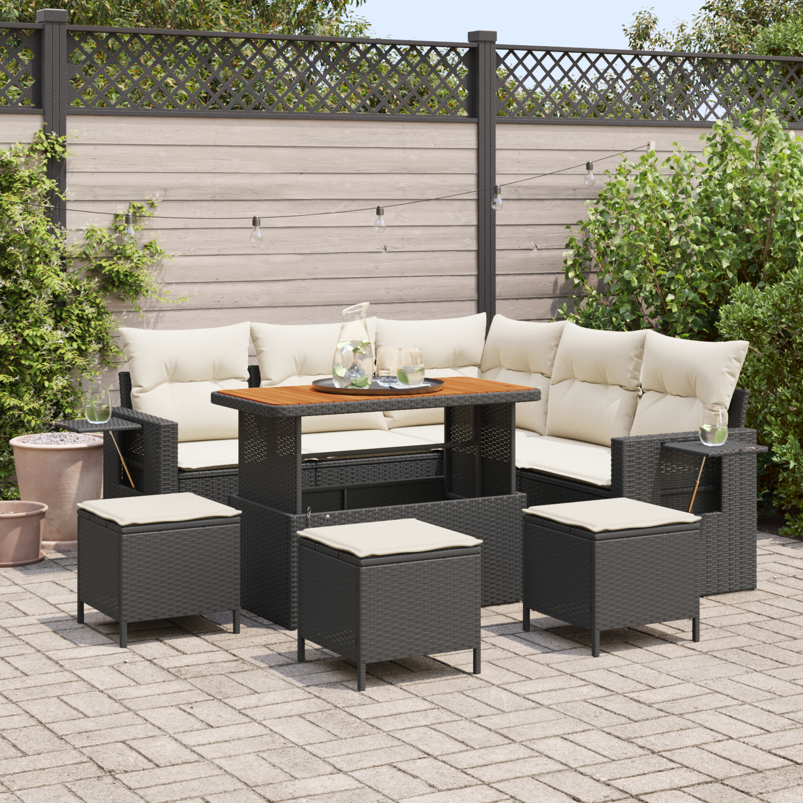 9-teiliges Garten Sofa Set mit Kissen Schwarz Poly Rattan Akazie