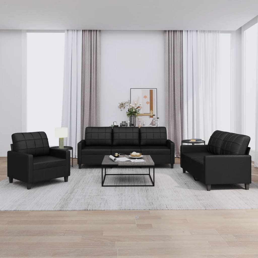 3-tlg. Sofagarnitur mit Kissen Schwarz Kunstleder 3-tlg. Sofagarnitur mit Kissen Schwarz Kunstleder