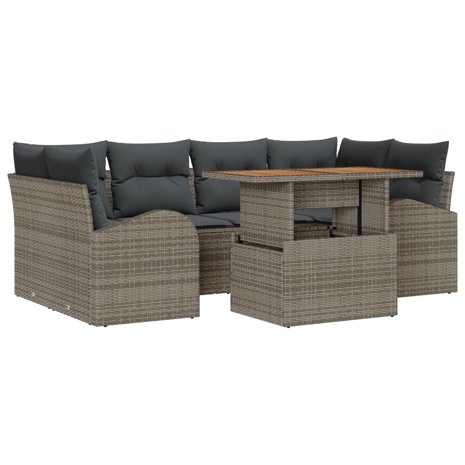 7-teiliges Garten Sofa Set mit Kissen Grau Poly Rattan, 2-Sitzer Garten Sofa mit Stauraum & Kissen Grau Poly Rattan