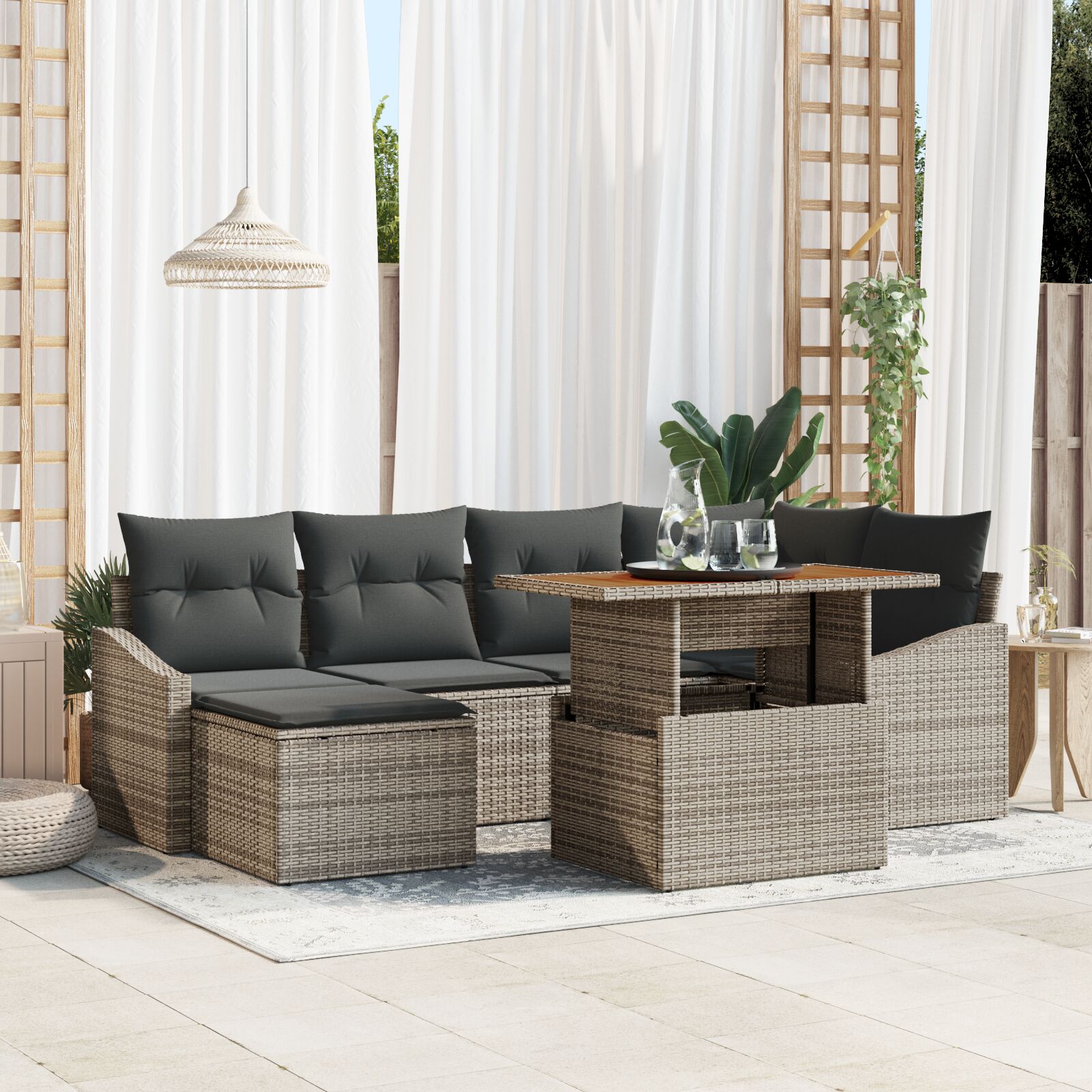 7-teiliges Garten-Sofa-Set mit Kissen Grau Poly-Rattan