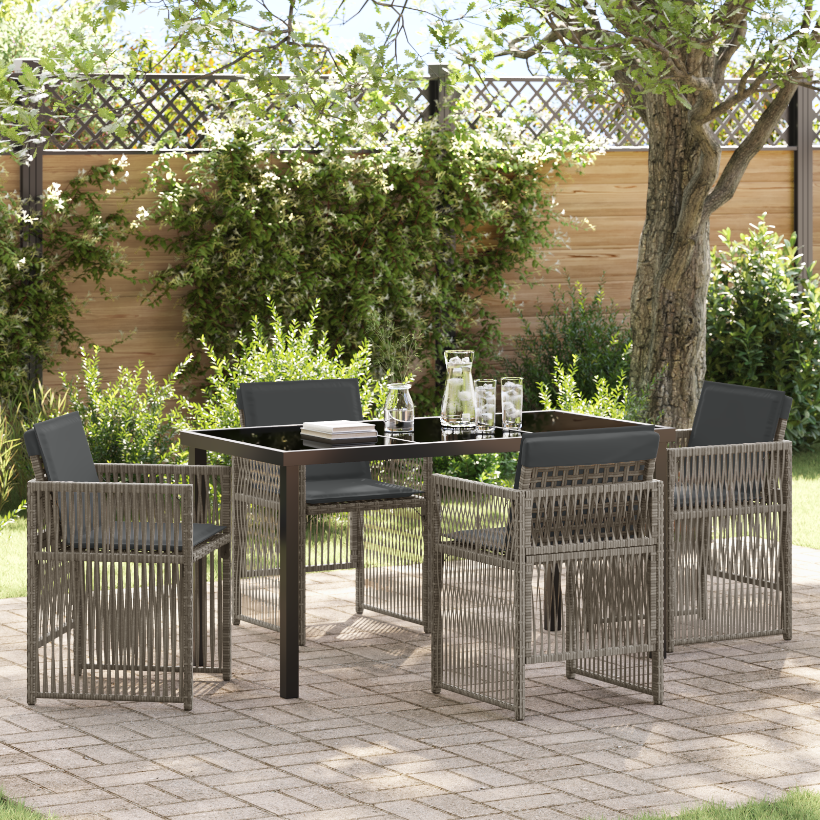 5-Teiliges Garten Esstisch Set mit Kissen Grau Poly Rattan