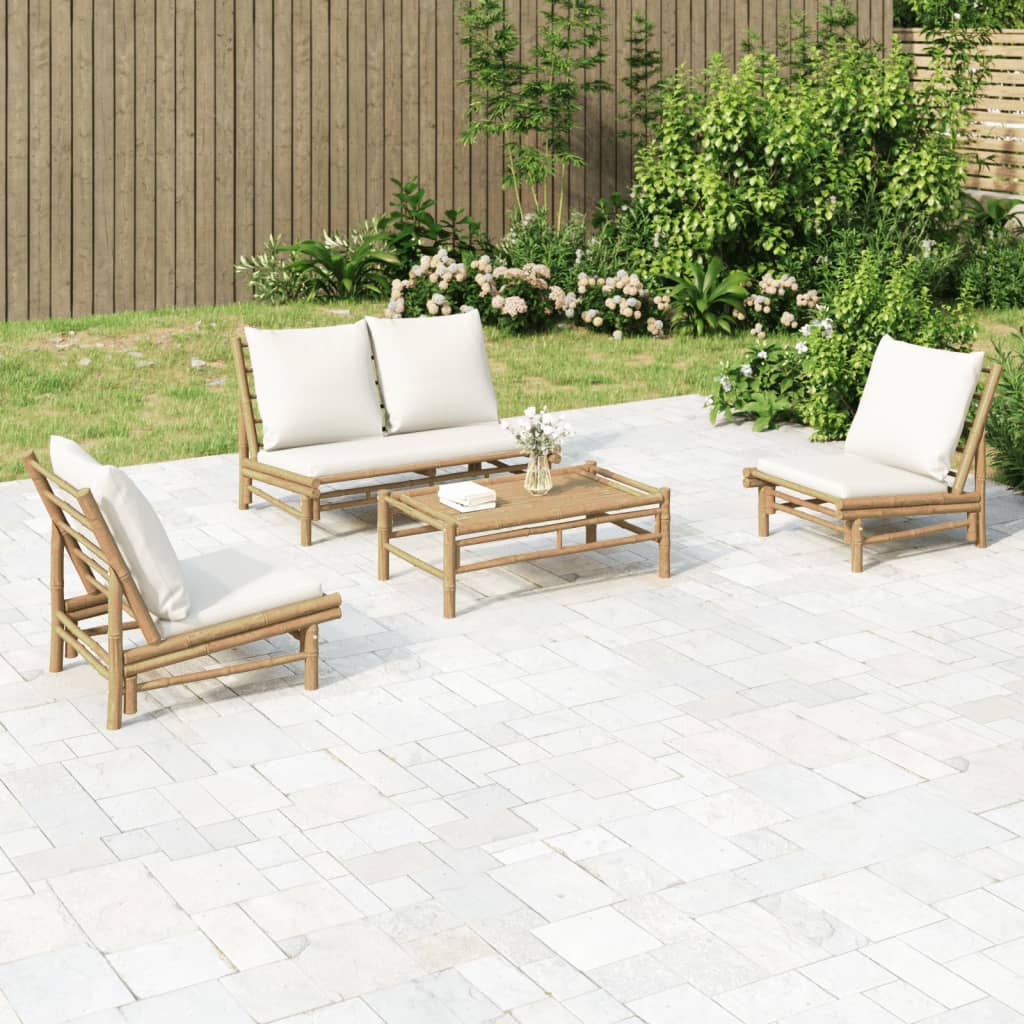 4-tlg. Garten-Lounge-Set mit Cremeweißen Kissen Bambus 4-tlg. Garten-Lounge-Set mit Cremeweißen Kissen Bambus