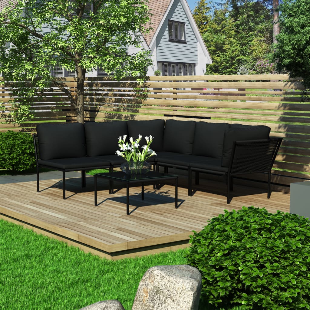 6-tlg. Garten-Lounge-Set mit Auflagen Schwarz PVC 6-tlg. Garten-Lounge-Set mit Auflagen Schwarz PVC
