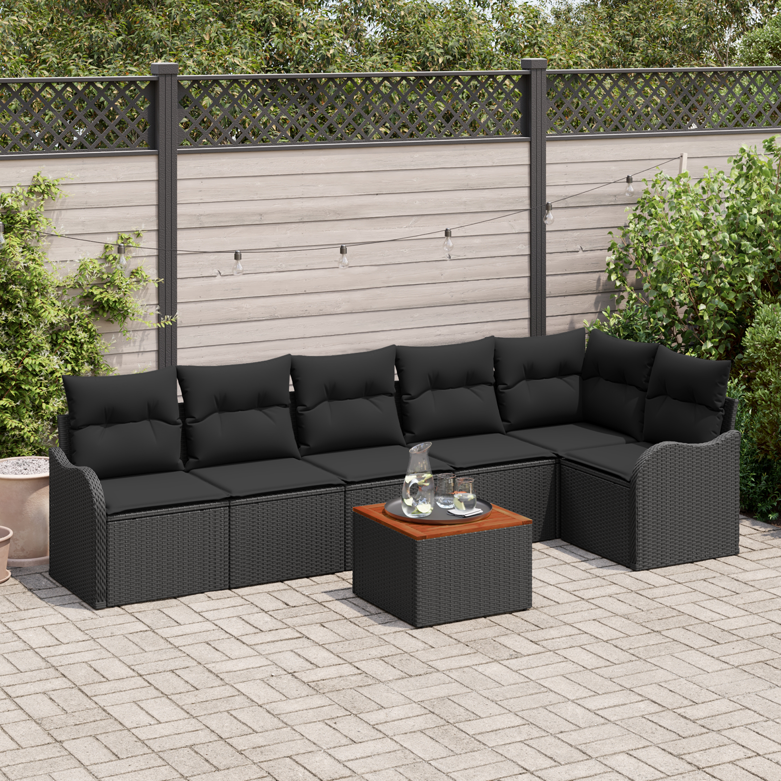 7-teiliges Garten Sofaset mit Kissen Schwarz Poly Rattan Akazie 7-teiliges Garten Sofaset mit Kissen Schwarz Poly Rattan Akazie