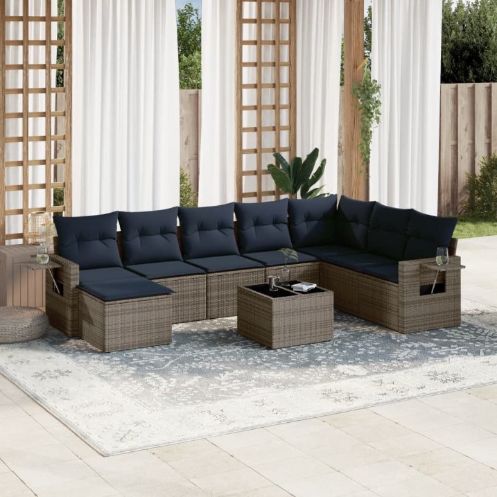 9-teiliges Gartensofa-Set mit Kissen, grau, Polyrattan 9-teiliges Gartensofa-Set mit Kissen, grau, Polyrattan