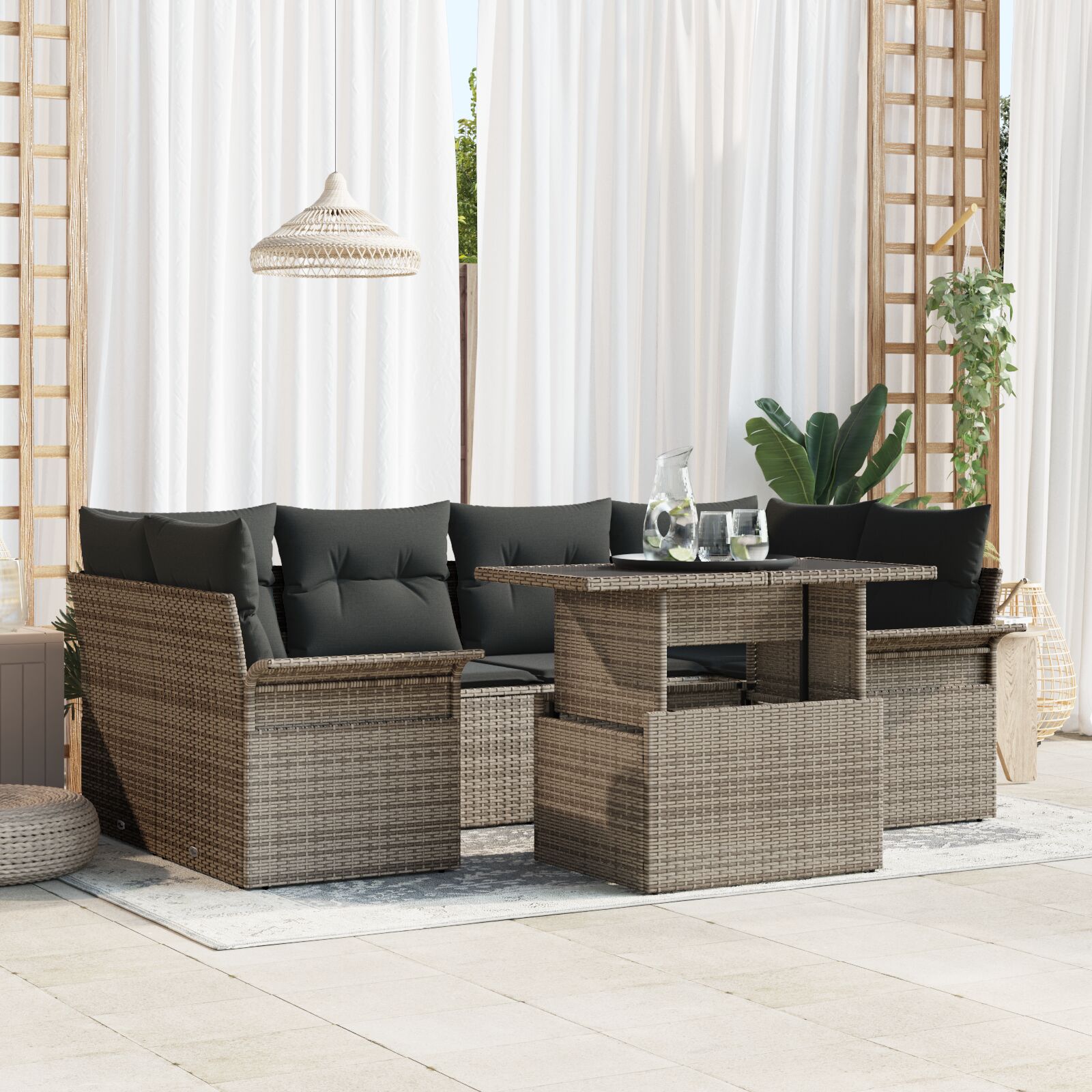 7-teiliges Garten Sofa Set mit Kissen Grau Poly Rattan