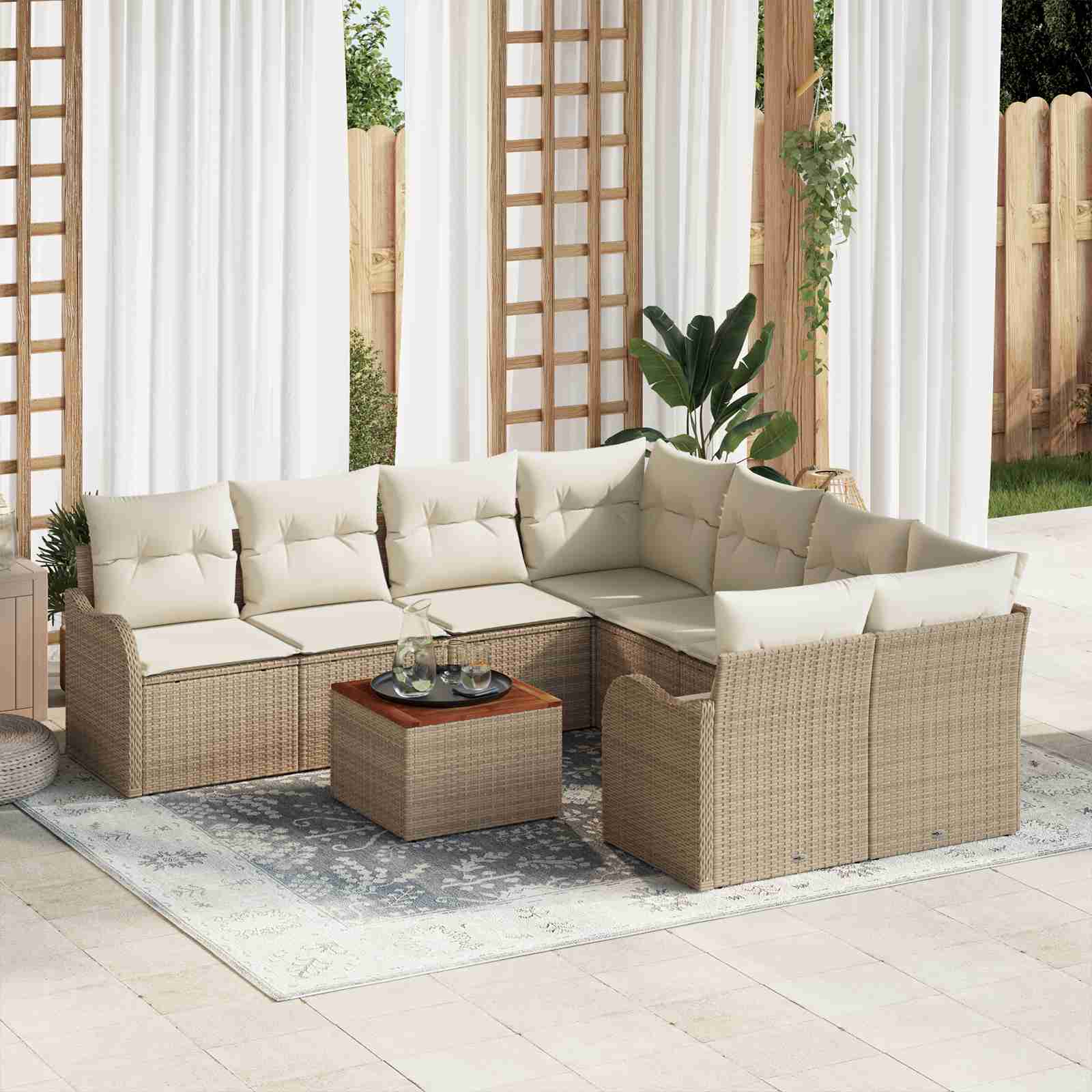 9-teilige Garten-Sofa-Set mit Kissen Beige Poly Rattan Akazie 9-teilige Garten-Sofa-Set mit Kissen Beige Poly Rattan Akazie