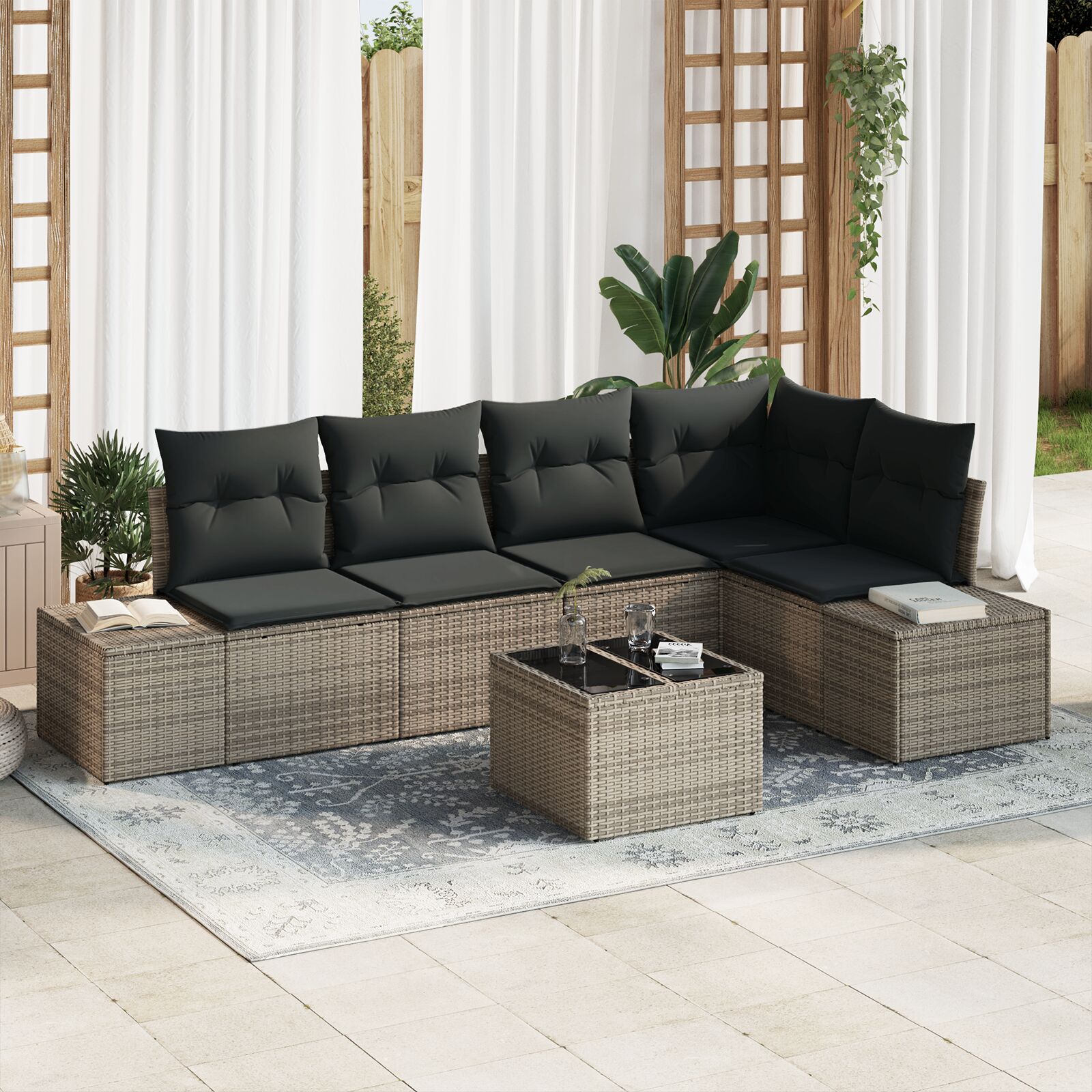 5-teiliges Garten Sofa Set mit Kissen Schwarz Poly Rattan 5-teiliges Garten Sofa Set mit Kissen Schwarz Poly Rattan