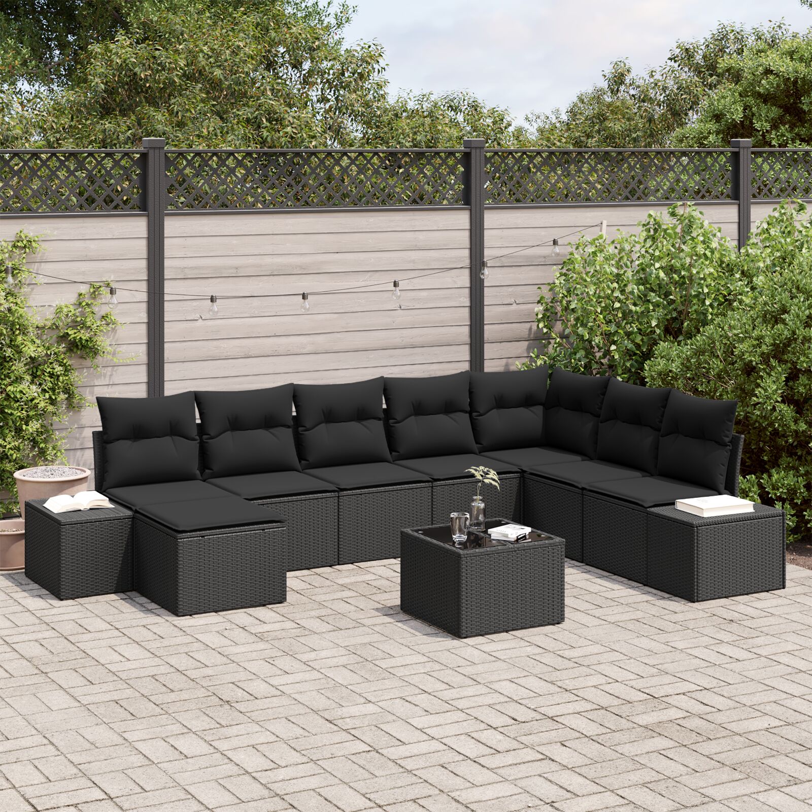 9-teiliges Garten Sofa Set mit Kissen Beige Poly Rattan