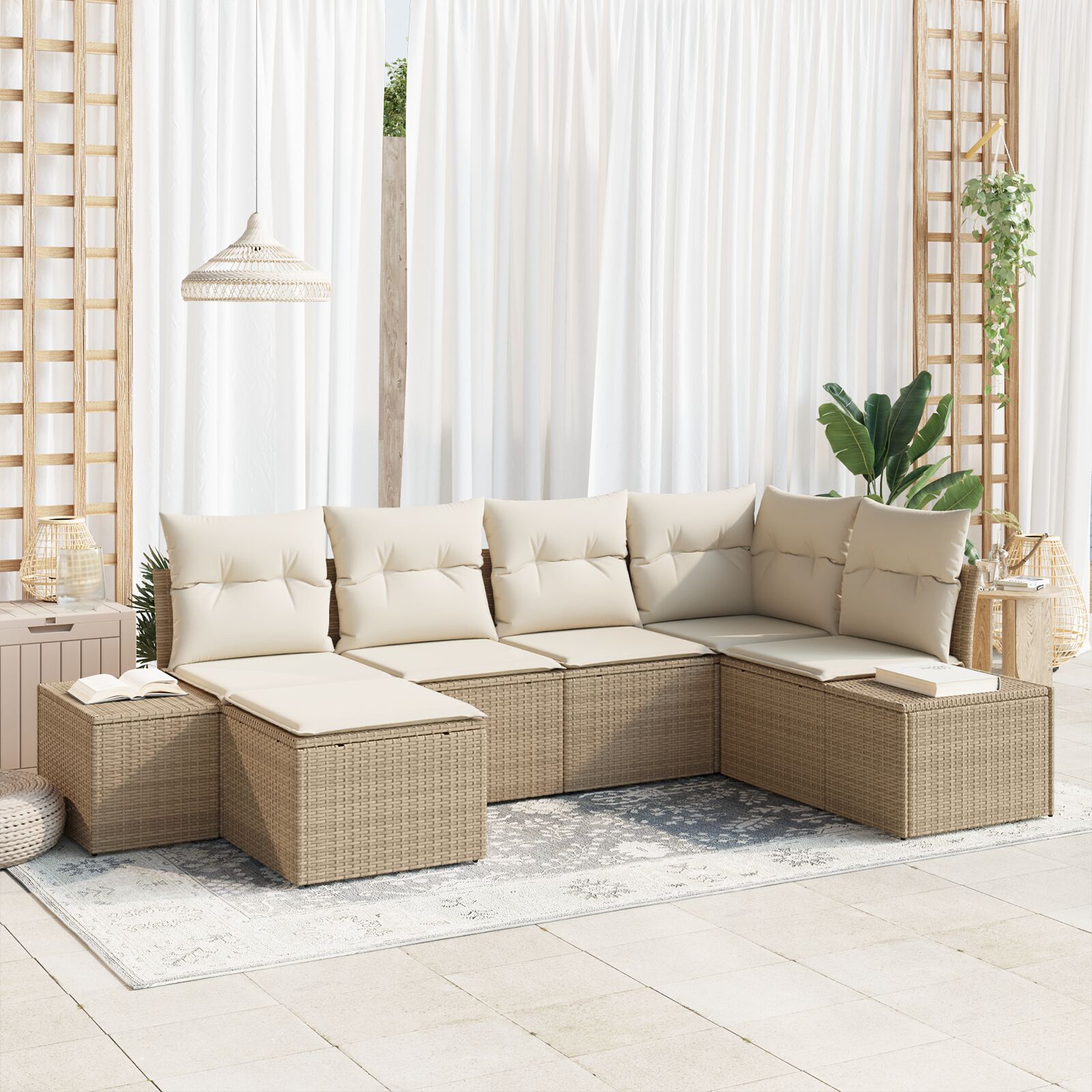 6-teiliges Garten Sofaset mit Kissen - Beiger Poly Rattan
