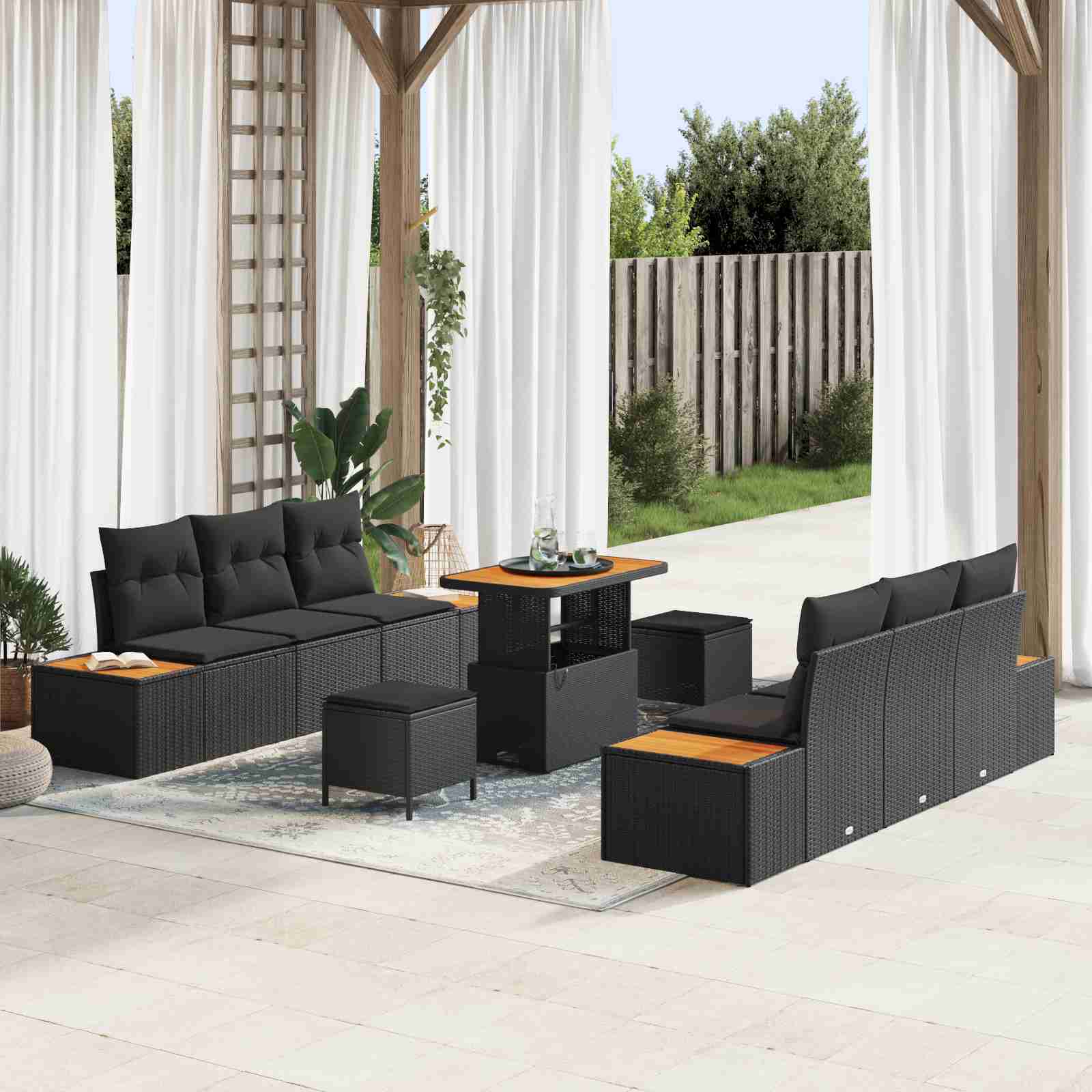 9-teilige Garten Sofa Set mit Kissen Schwarz Poly Rattan Akazie