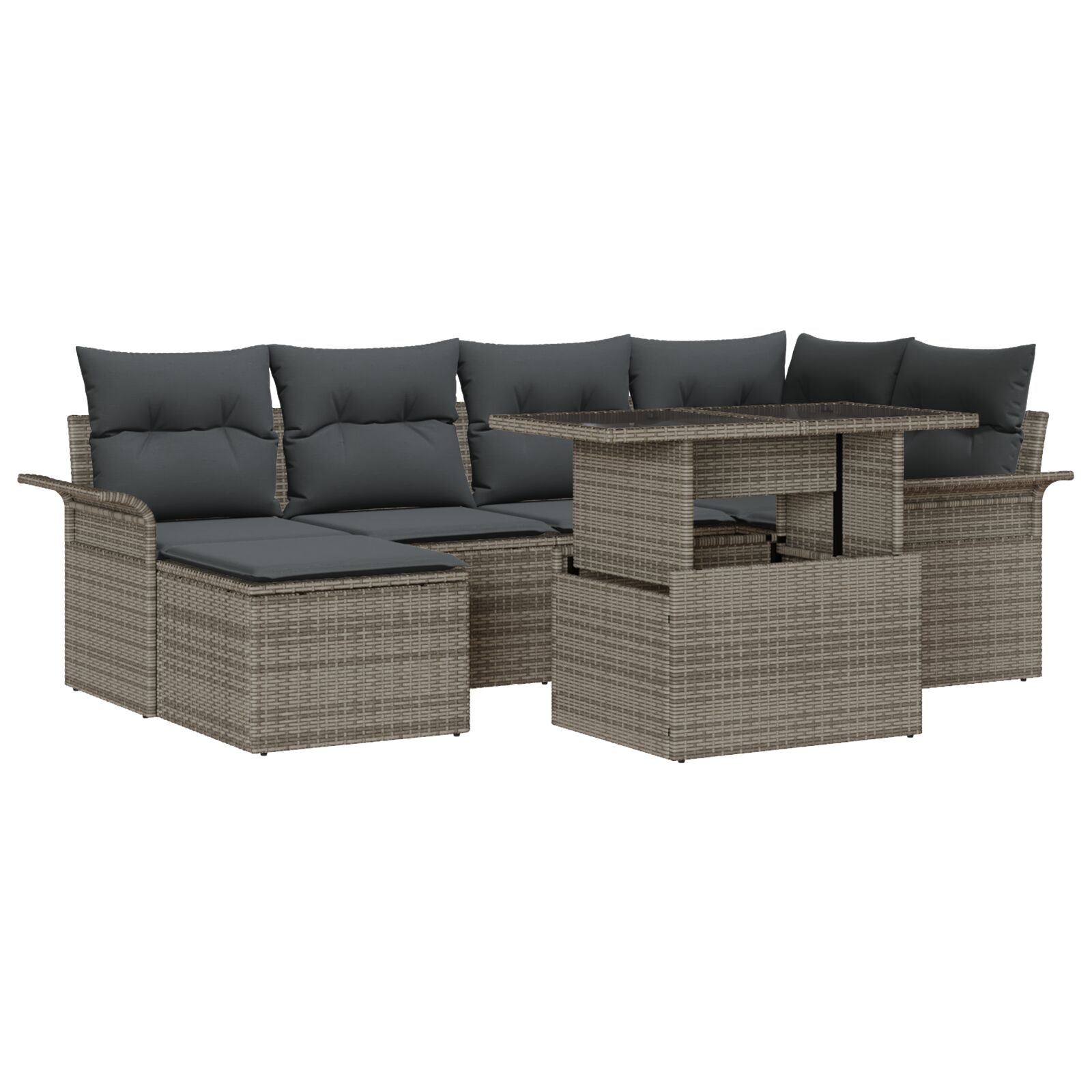 7-teiliges Garten Sofa Set mit Kissen Grau Poly Rattan, 2-Sitzer Garten Sofa mit Stauraum & Kissen Grau Poly Rattan