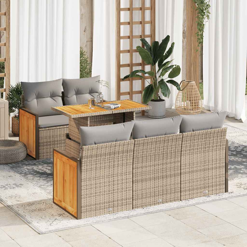 6-tlg. Garten-Sofagarnitur mit Kissen Beige Poly Rattan Akazie 6-tlg. Garten-Sofagarnitur mit Kissen Beige Poly Rattan Akazie