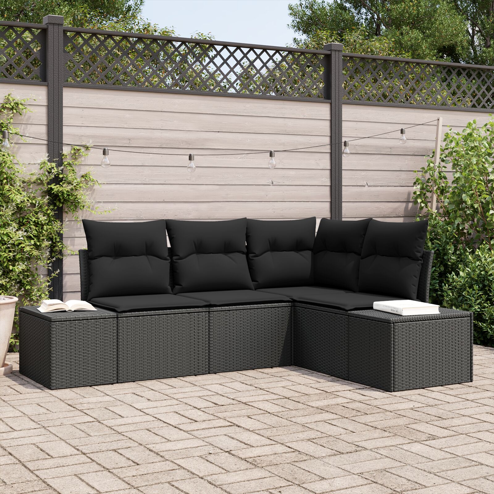 4-teiliges Garten Sofa Set mit Kissen Schwarz Poly Rattan