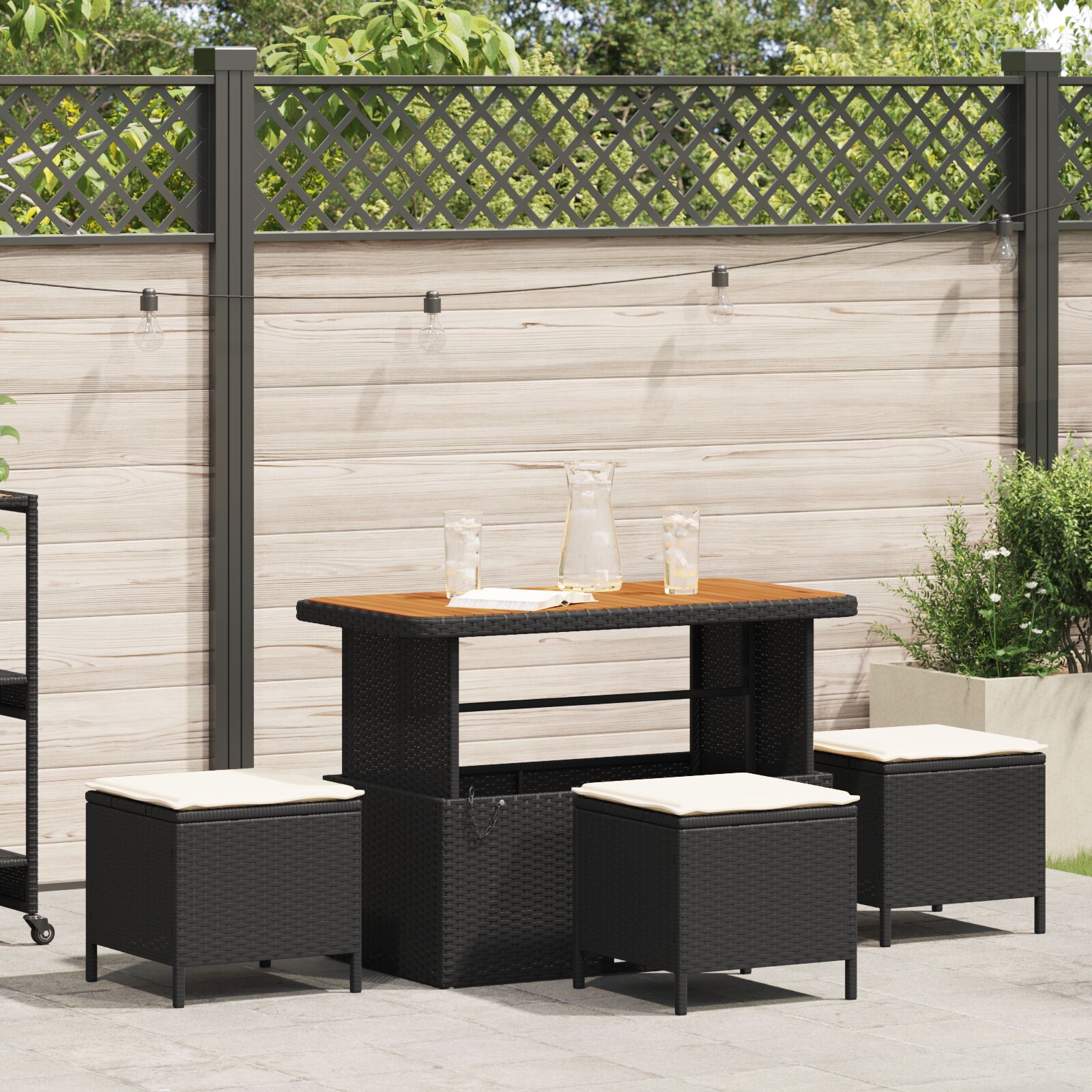 4-teiliges Garten-Esszimmer-Set mit Kissen Schwarz Poly-Rattan Akazie 4-teiliges Garten-Esszimmer-Set mit Kissen Schwarz Poly-Rattan Akazie