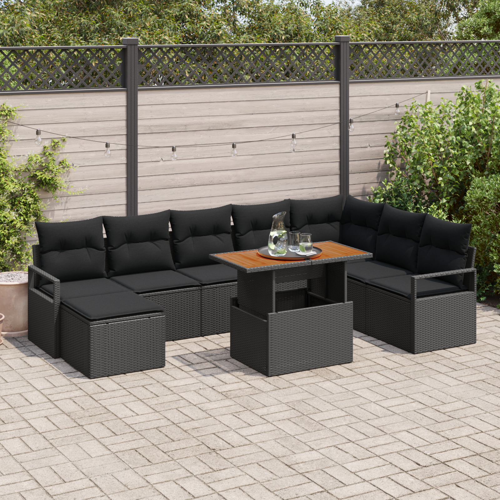 9-teiliges Garten Sofa Set mit Kissen Schwarz Poly Rattan Akazie 9-teiliges Garten Sofa Set mit Kissen Schwarz Poly Rattan Akazie