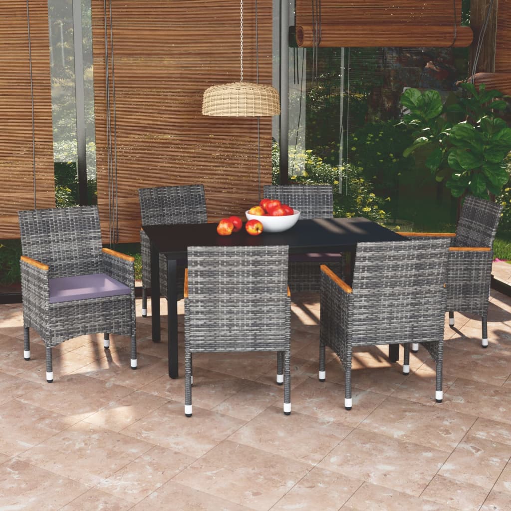 7-tlg. Garten-Essgruppe mit Kissen Poly Rattan Grau 7-tlg. Garten-Essgruppe mit Kissen Poly Rattan Grau