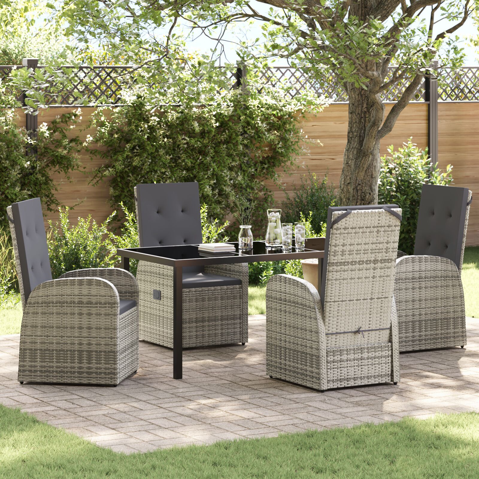 vidaXL 5-teiliges Garten-Esszimmer-Set mit Kissen Grau Poly Rattan vidaXL 5-teiliges Garten-Esszimmer-Set mit Kissen Grau Poly Rattan