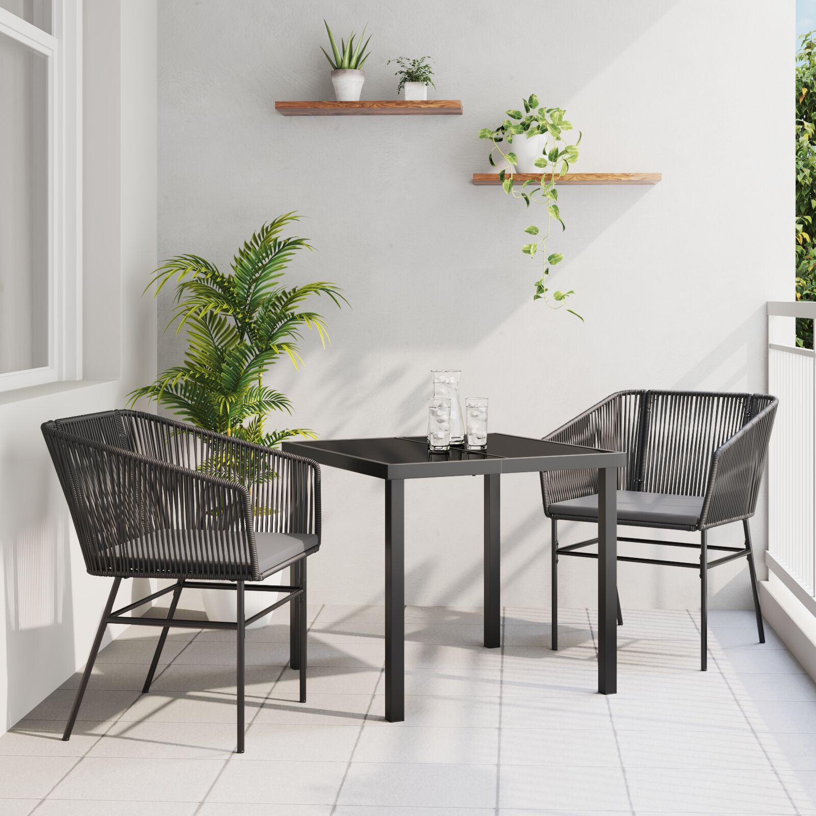 3-teiliges Garten-Esstisch-Set mit Kissen Schwarz Poly-Rattan