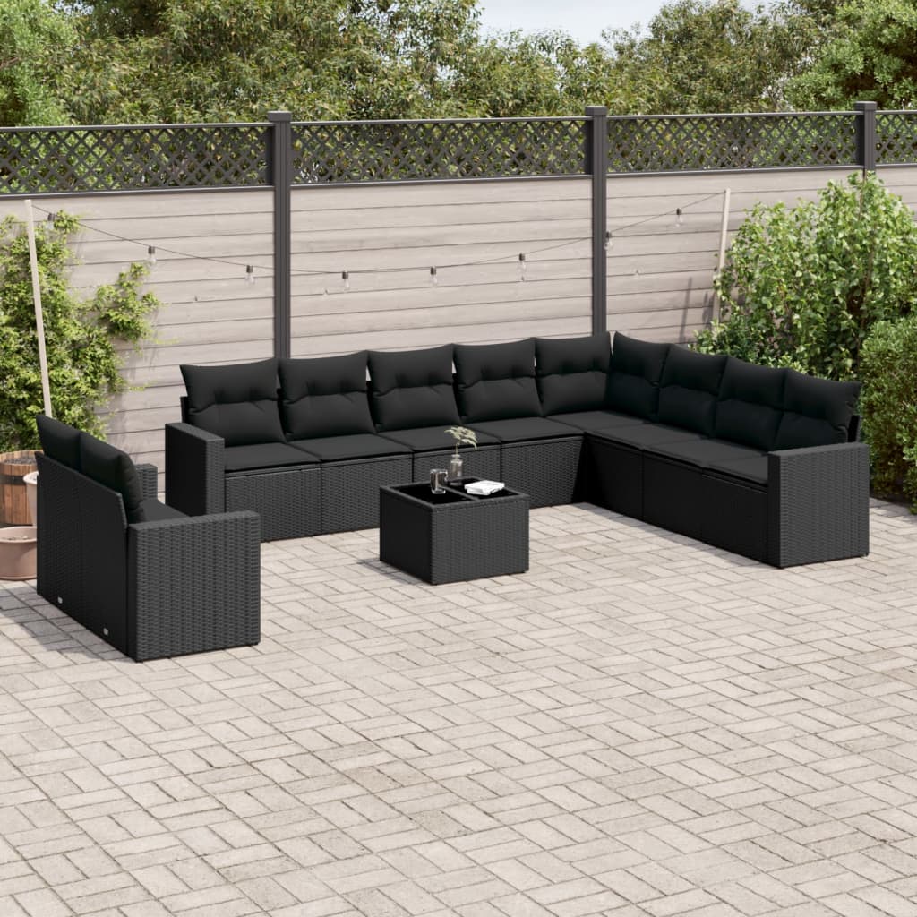 11-tlg. Garten-Sofagarnitur mit Kissen Schwarz Poly Rattan 11-tlg. Garten-Sofagarnitur mit Kissen Schwarz Poly Rattan