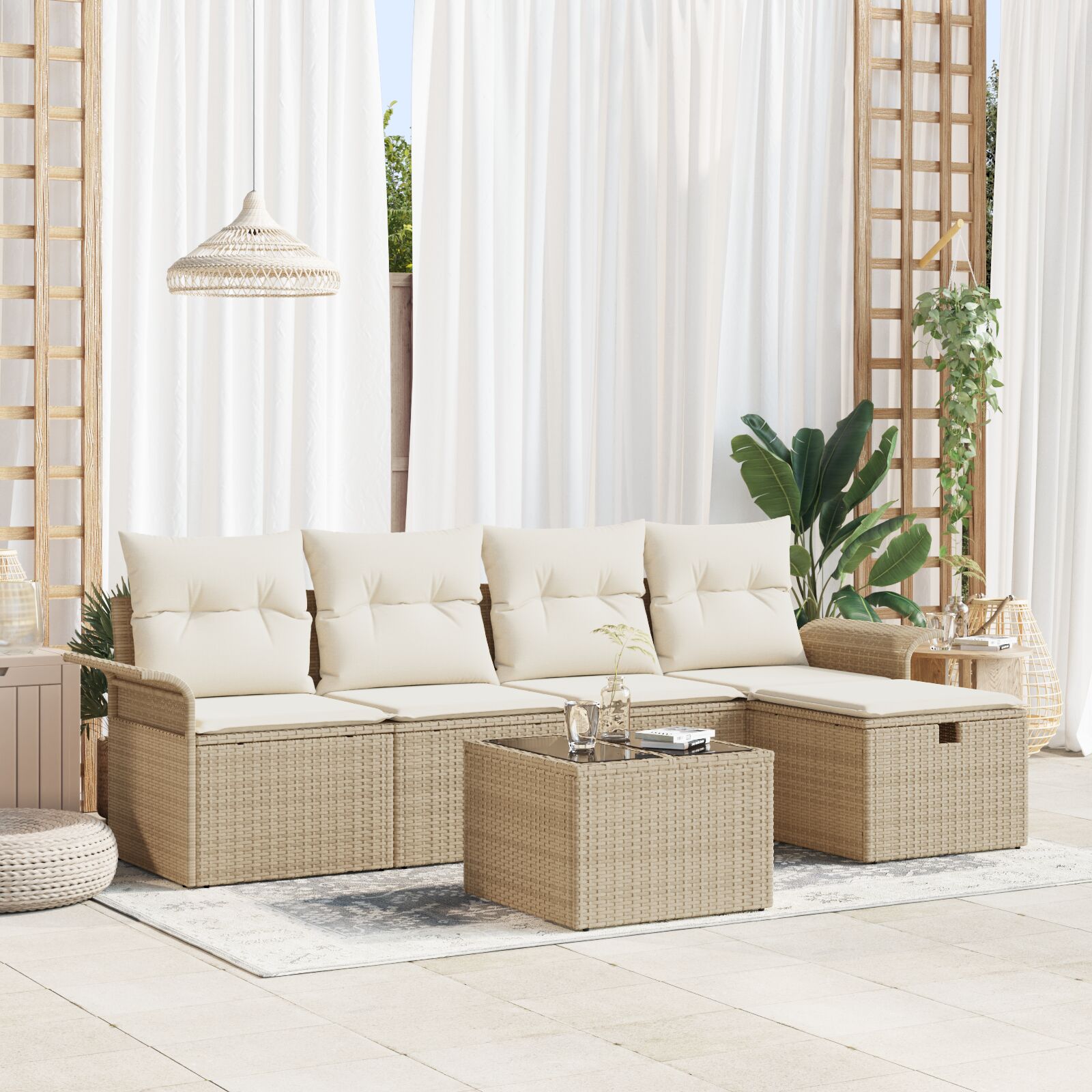 6-teiliges Garten-Sofa-Set mit beigen Kissen aus Poly Rattan 6-teiliges Garten-Sofa-Set mit beigen Kissen aus Poly Rattan