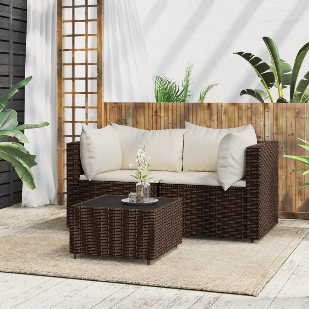 3-tlg. Garten-Lounge-Set mit Kissen Braun Poly Rattan 3-tlg. Garten-Lounge-Set mit Kissen Braun Poly Rattan