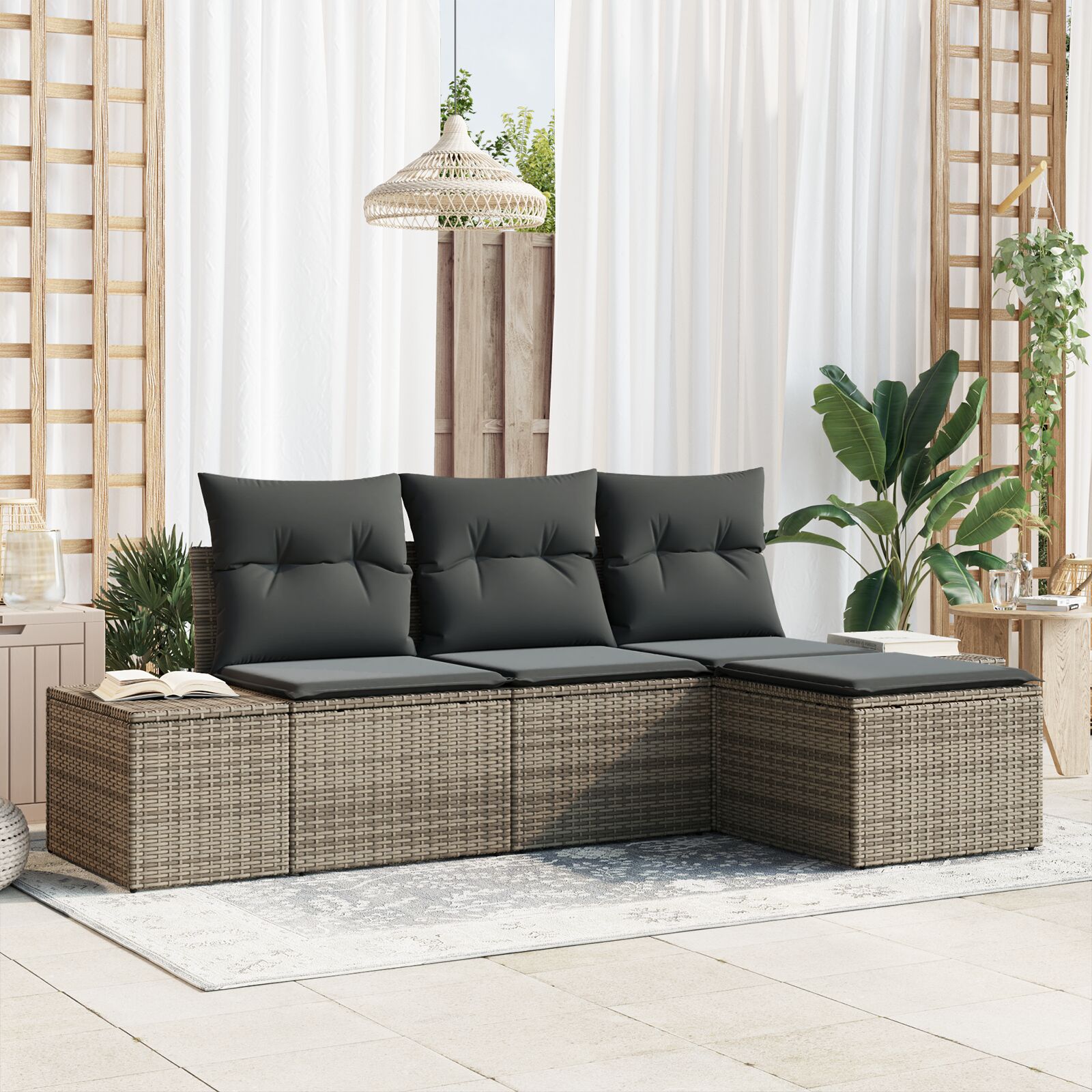 4-teiliges Garten Sofa Set mit Kissen Grau Poly Rattan 4-teiliges Garten Sofa Set mit Kissen Grau Poly Rattan