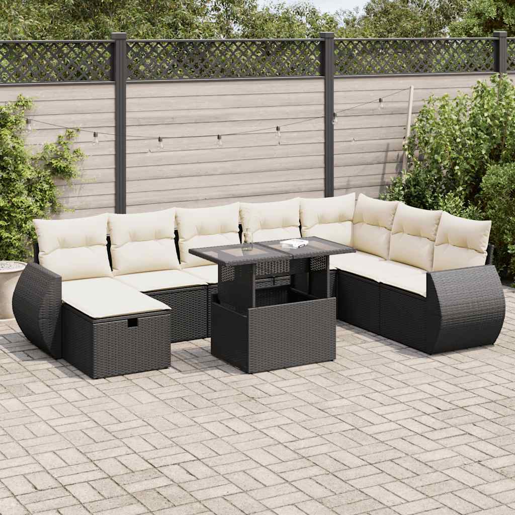 9-tlg. Garten-Sofagarnitur mit Kissen Schwarz Poly Rattan 9-tlg. Garten-Sofagarnitur mit Kissen Schwarz Poly Rattan