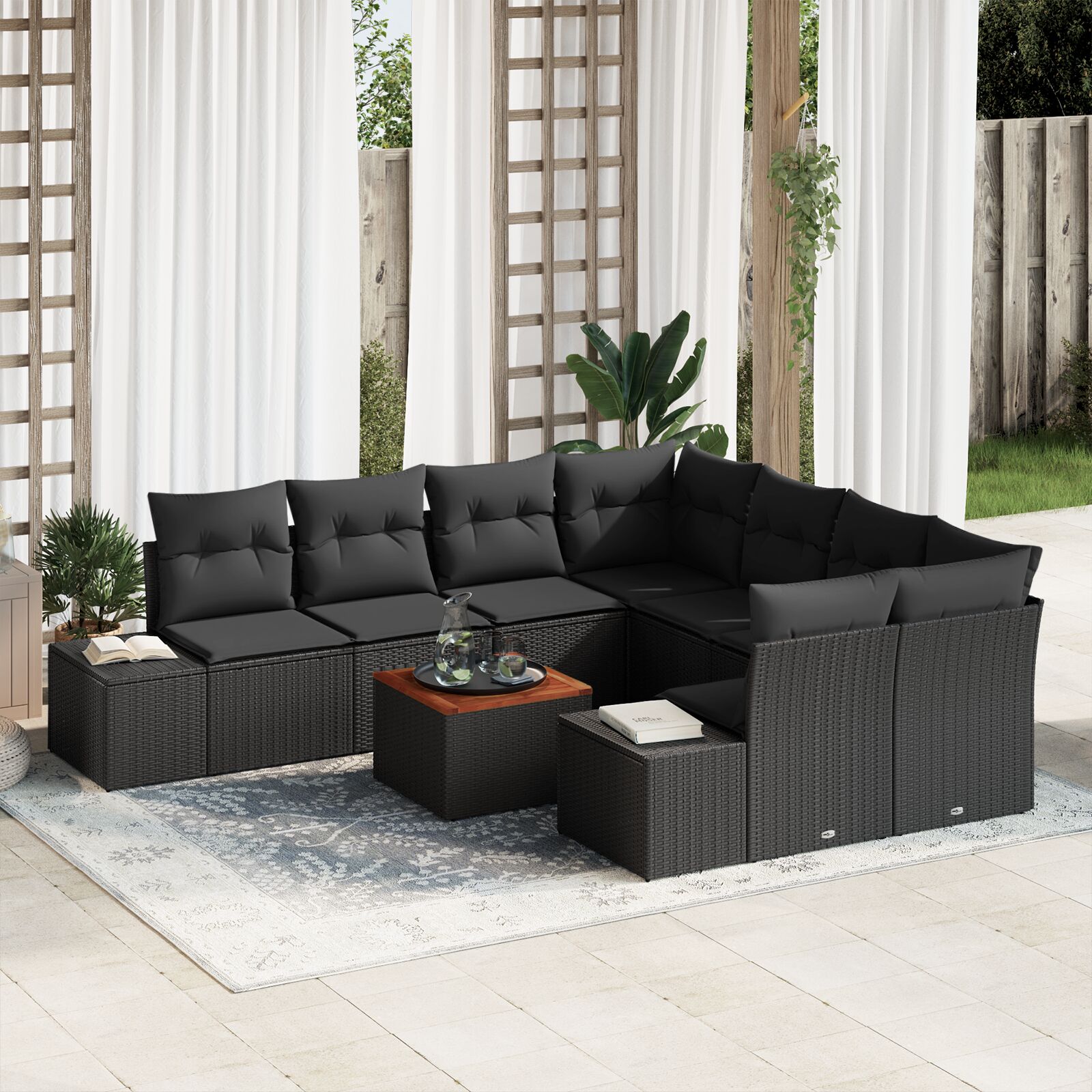 9-teiliges Garten-Sofaset mit Kissen Schwarz Poly-Rattan Akazie 9-teiliges Garten-Sofaset mit Kissen Schwarz Poly-Rattan Akazie