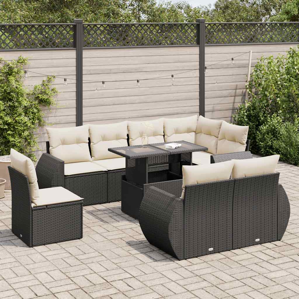 9-tlg. Garten-Sofagarnitur mit Kissen Schwarz Poly Rattan 9-tlg. Garten-Sofagarnitur mit Kissen Schwarz Poly Rattan